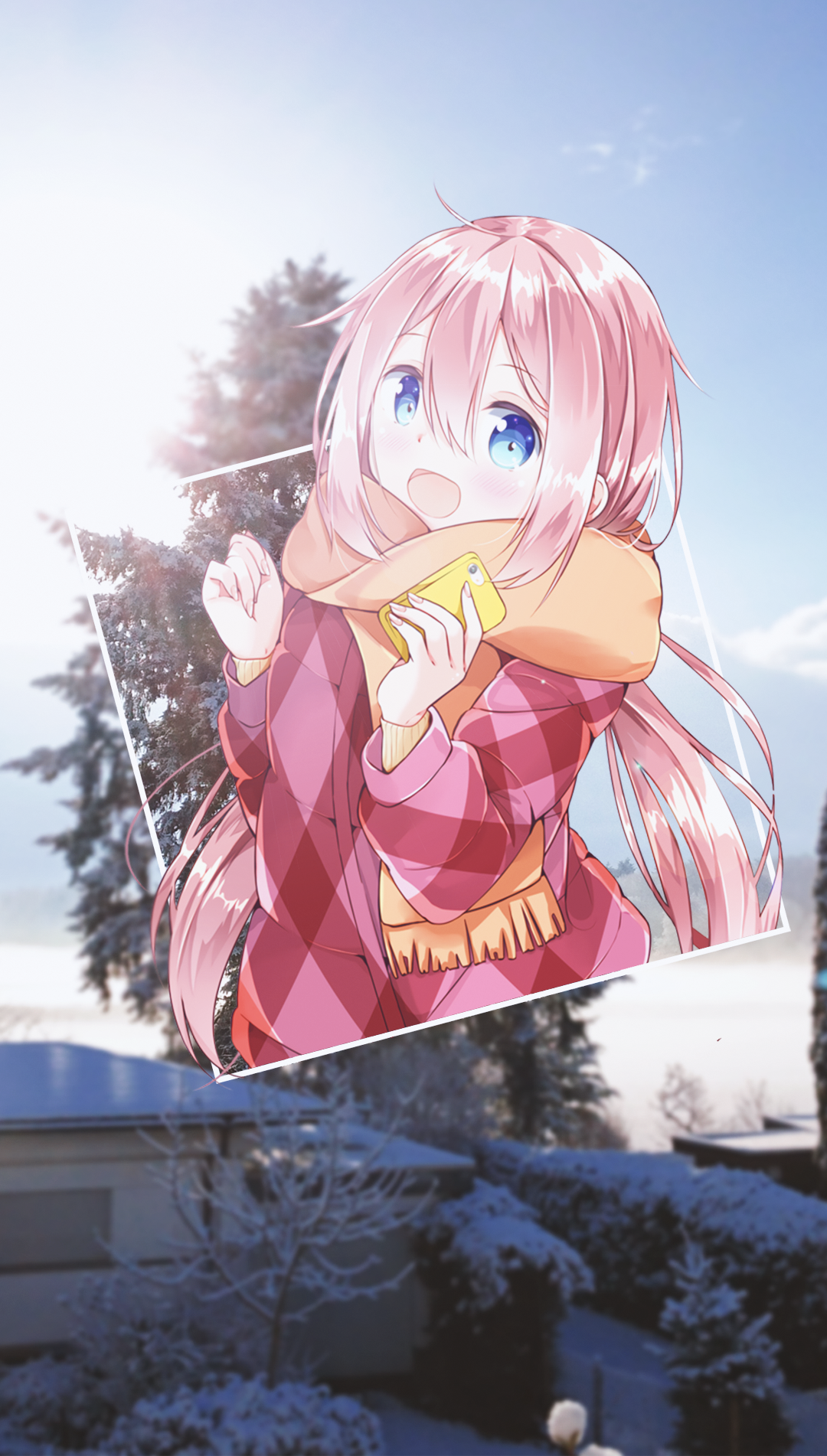Anime girl with pink hair and blue eyes holding a phone HD Phone Wallpaper