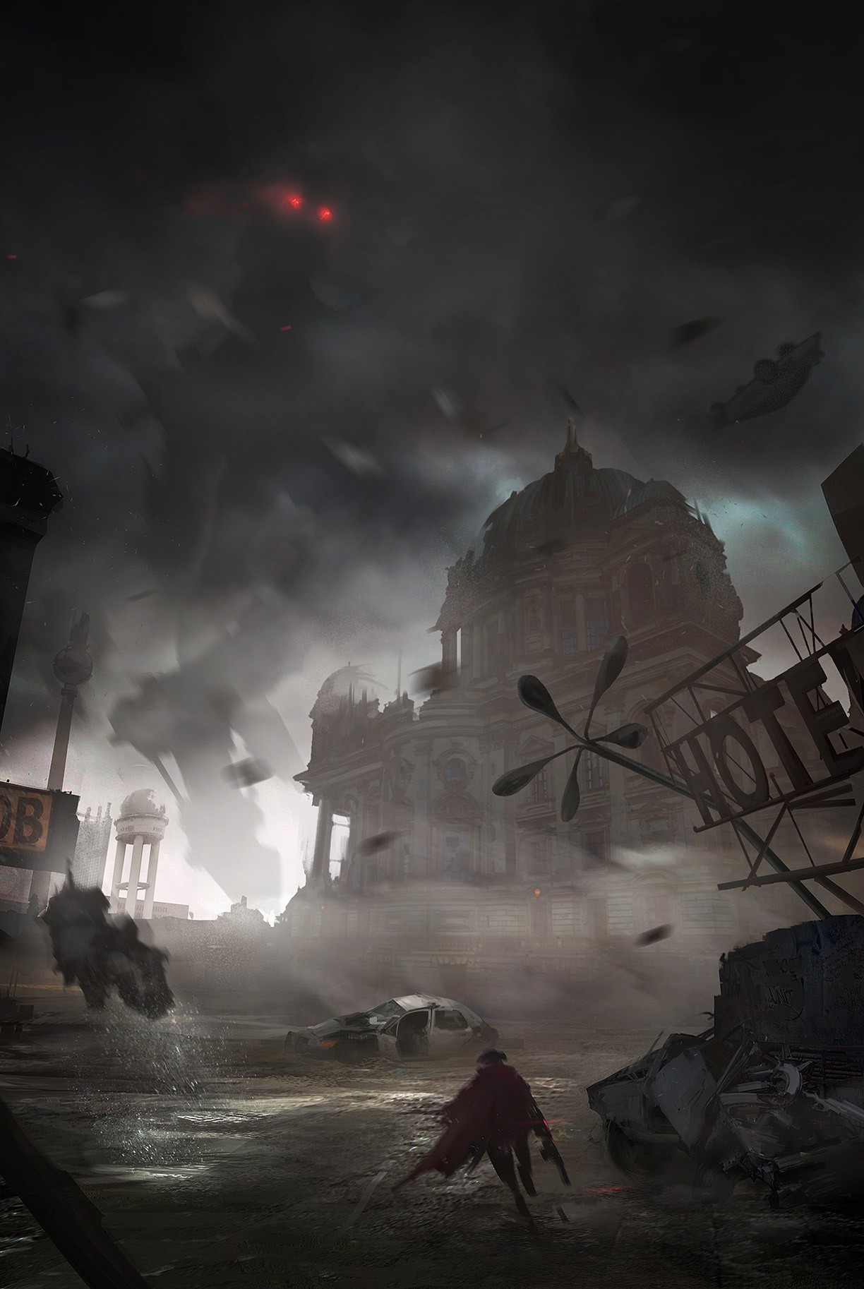 Apocalyptic scene with a lone figure and a giant robot HD Phone Wallpaper