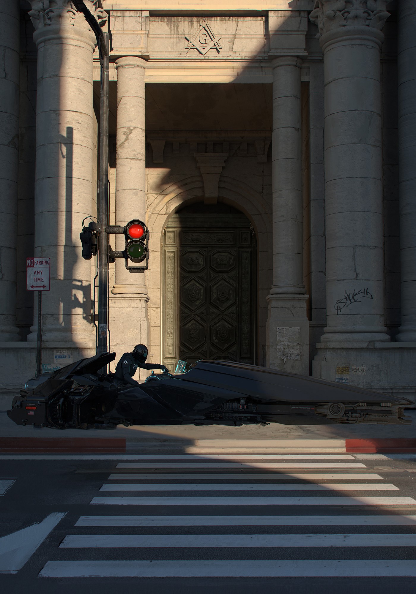 Futuristic vehicle with a person in front of a building HD Phone Wallpaper