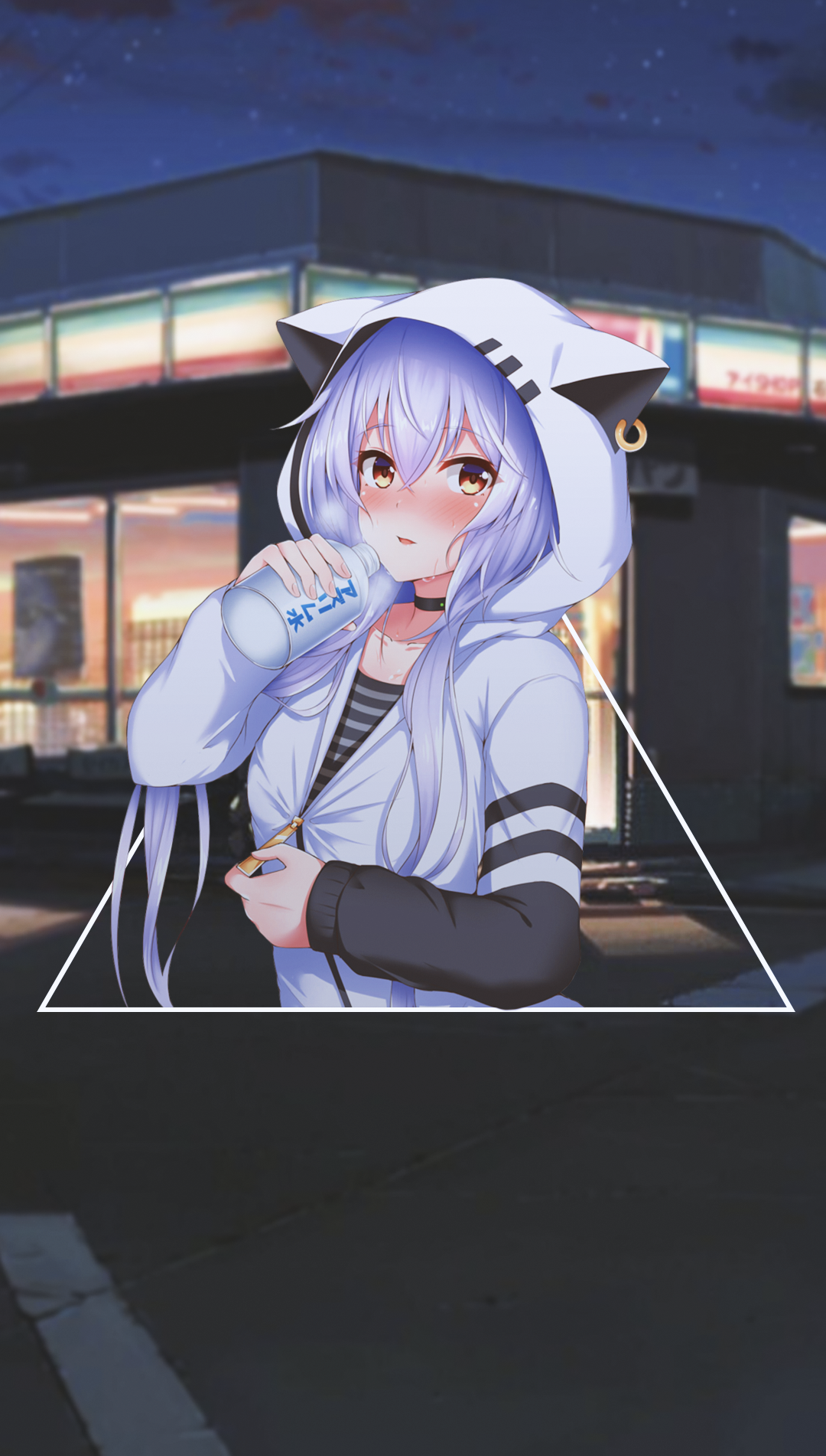 Anime girl with cat ears drinking from a bottle HD Phone Wallpaper