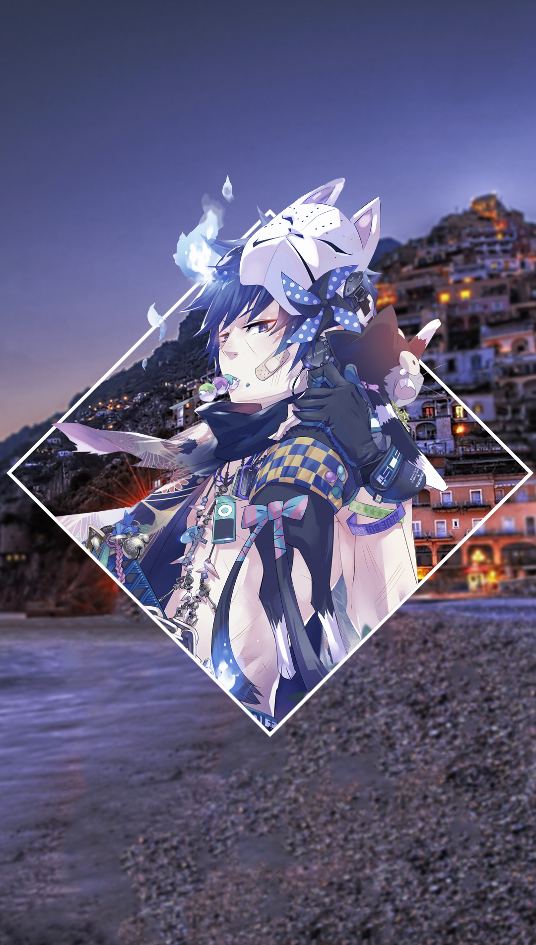 Anime character with fox mask in front of coastal town HD Phone Wallpaper