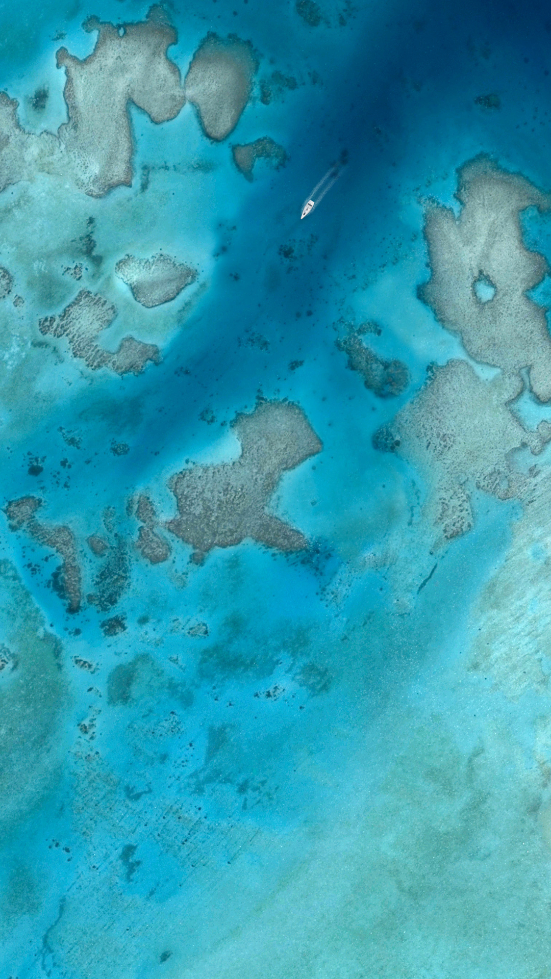Aerial view of a boat sailing through turquoise coral reefs HD Phone Wallpaper