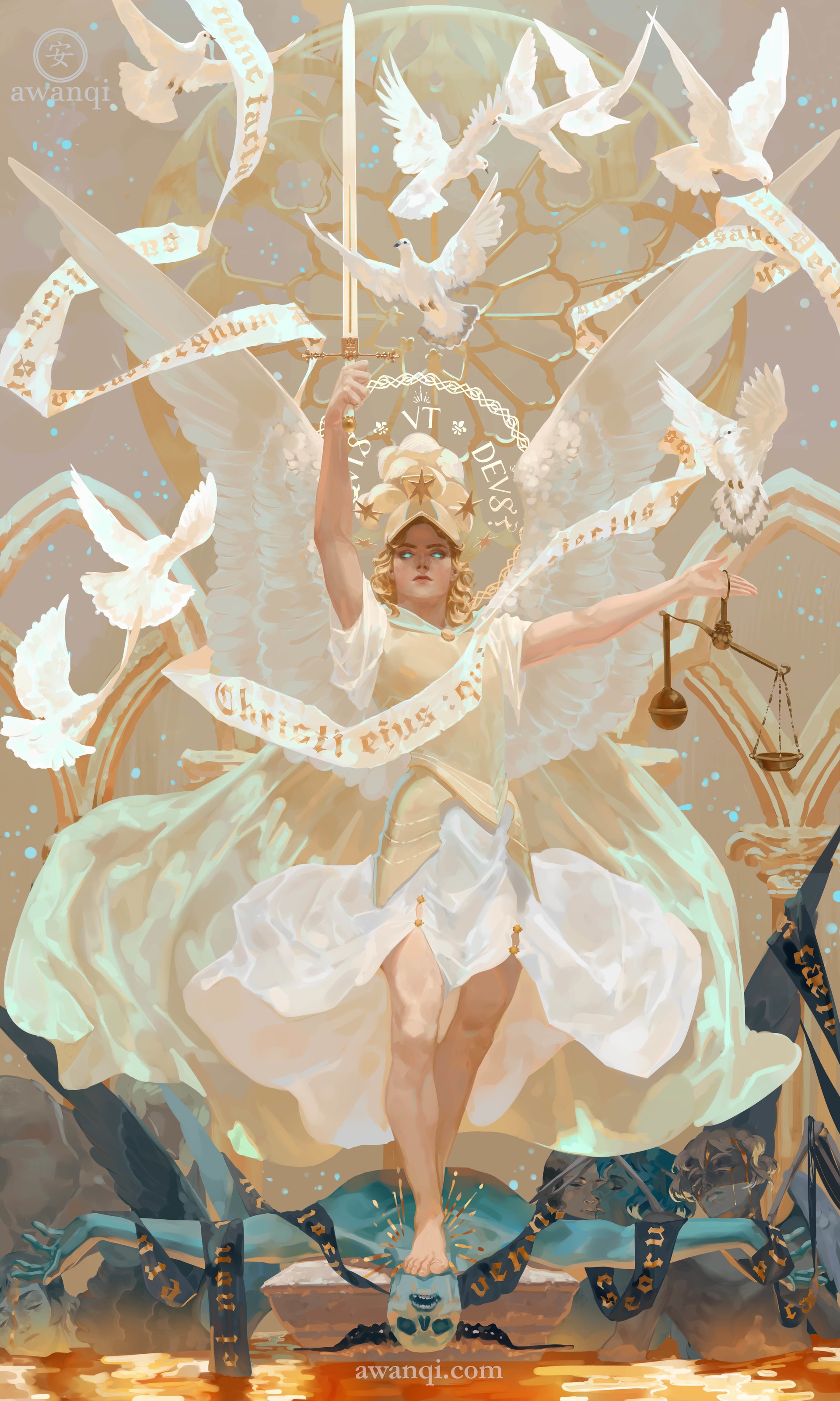 Angel with sword and scales, doves, and armor HD Phone Wallpaper