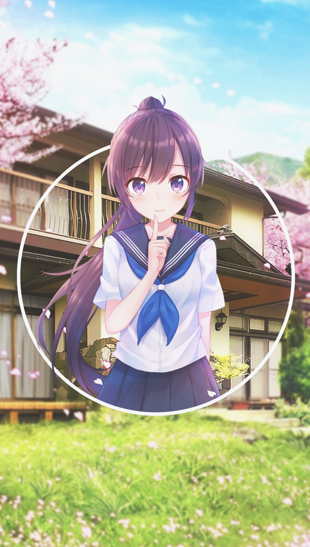 Anime girl in school uniform with cherry blossoms HD Phone Wallpaper