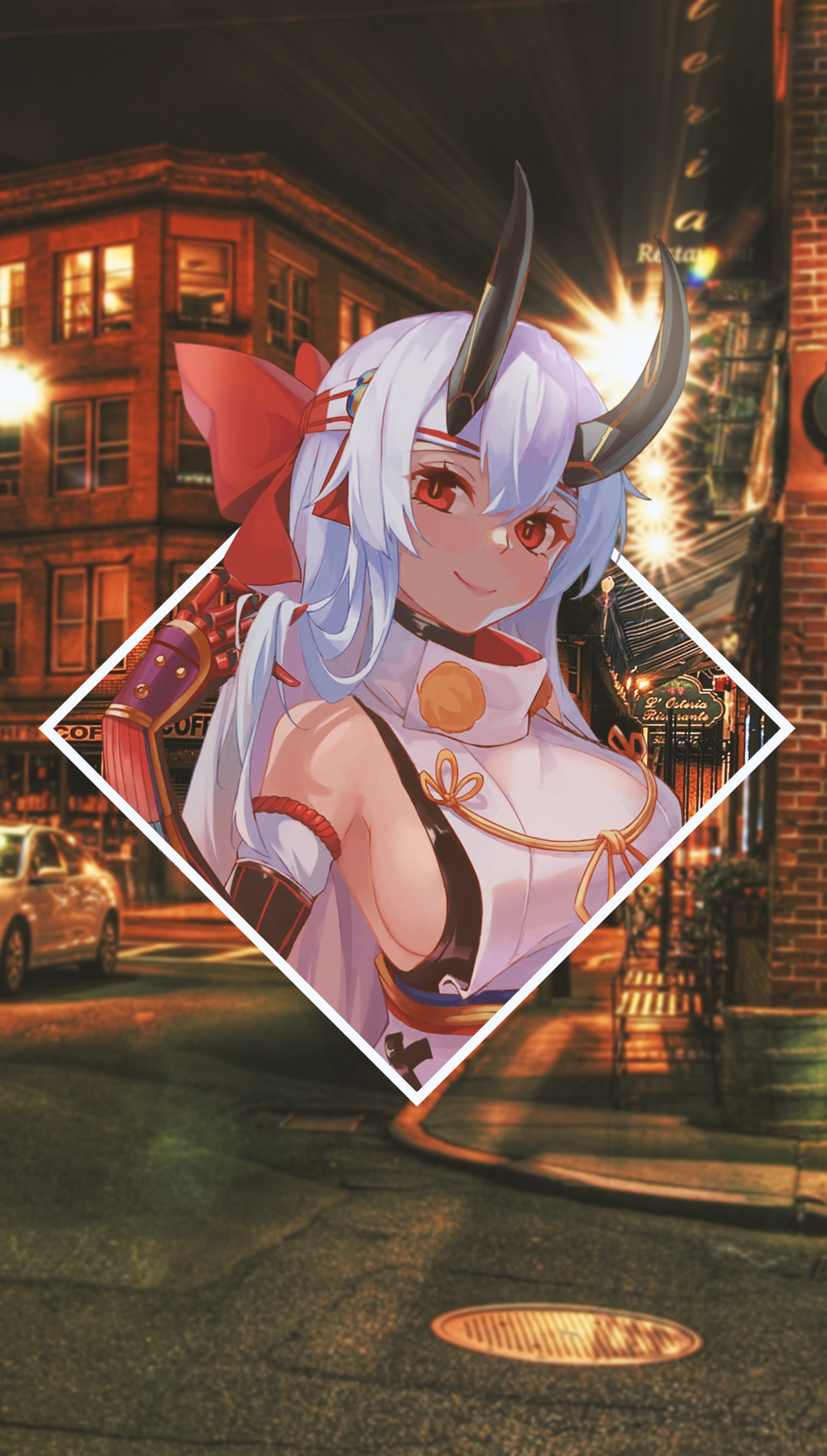 Anime girl with horns in a diamond frame on a city street at night HD Phone Wallpaper