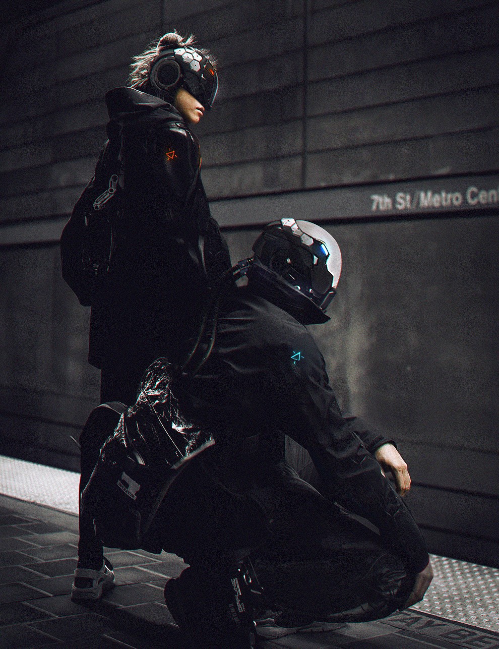 Two figures in futuristic attire at a metro station HD Phone Wallpaper