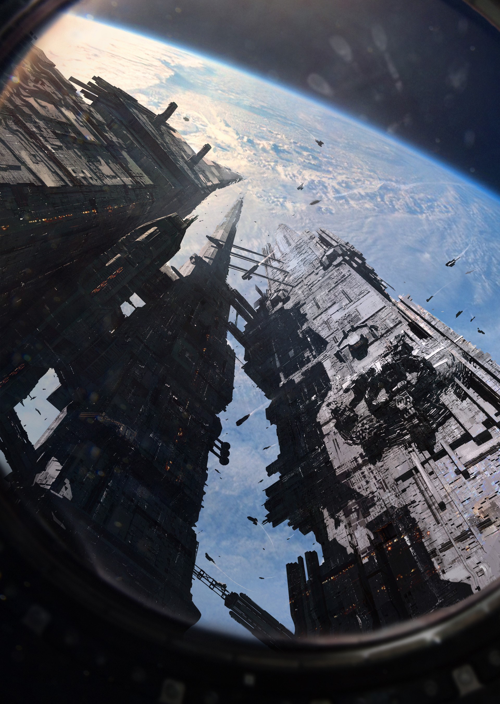 Digital artwork of a futuristic city in space above Earth HD Phone Wallpaper
