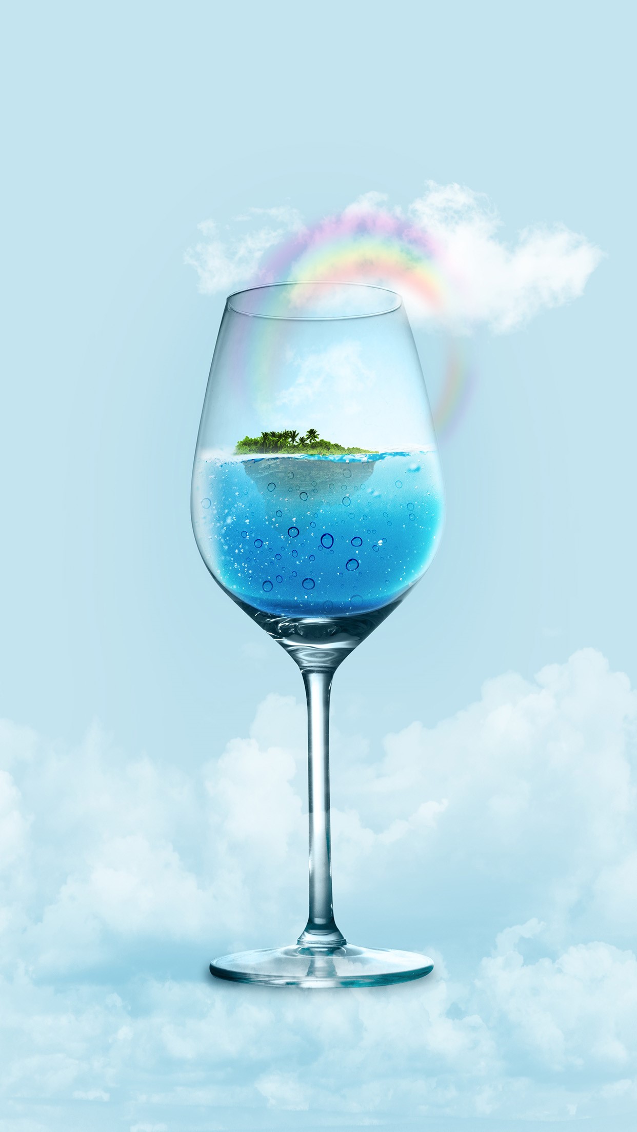 Island in a glass with rainbow and clouds HD Phone Wallpaper