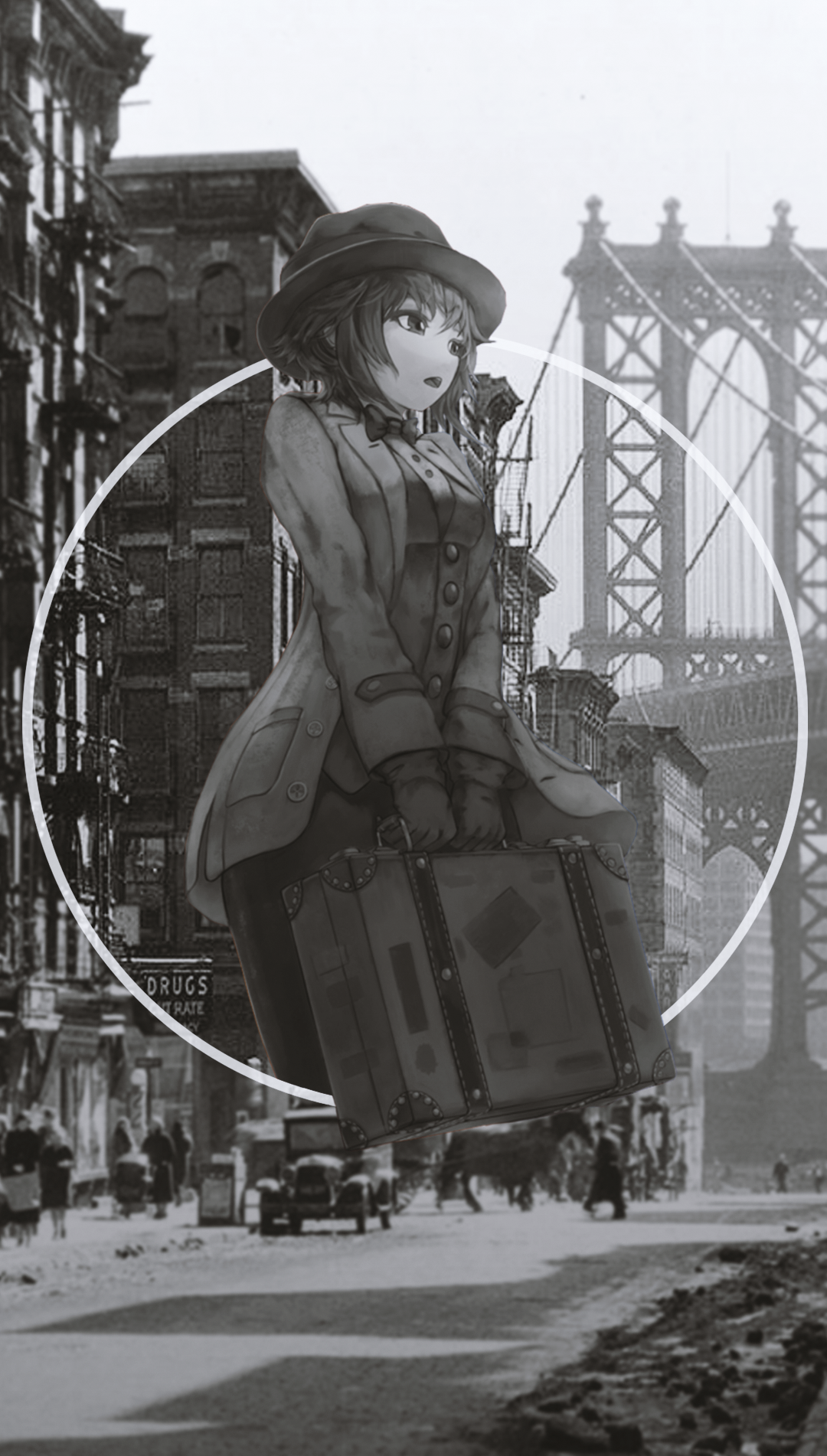 Anime girl in vintage clothing with suitcase in New York HD Phone Wallpaper
