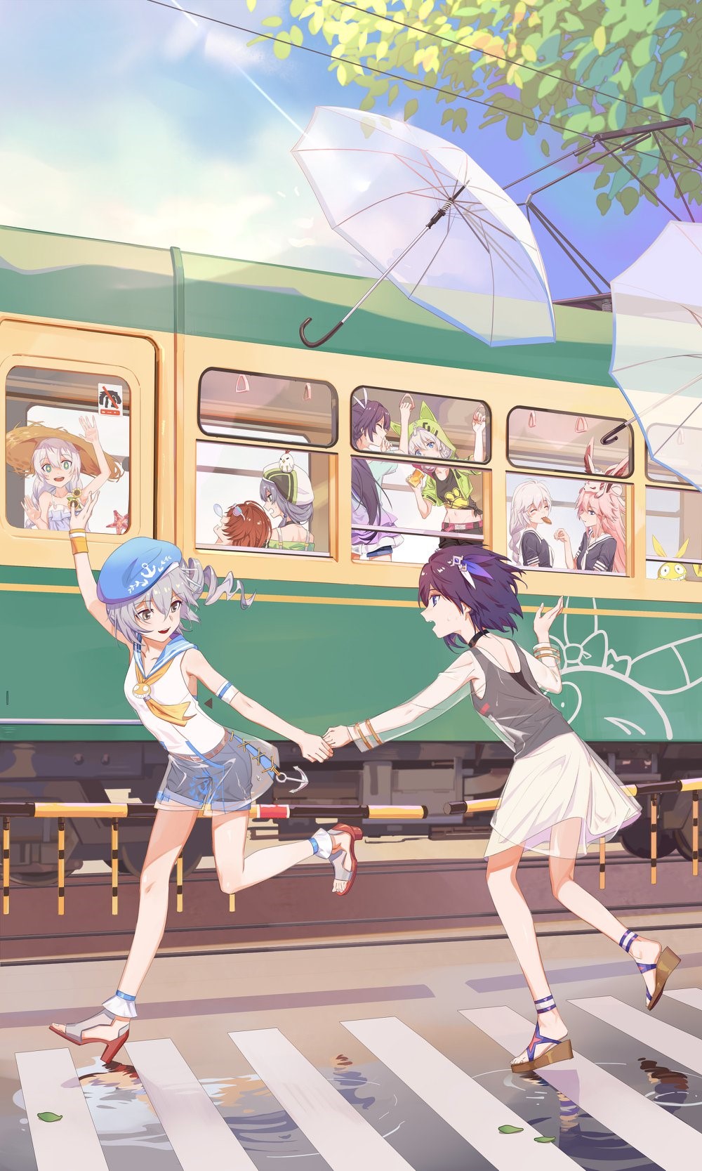 Girls from Honkai Impact 3rd on a train HD Phone Wallpaper