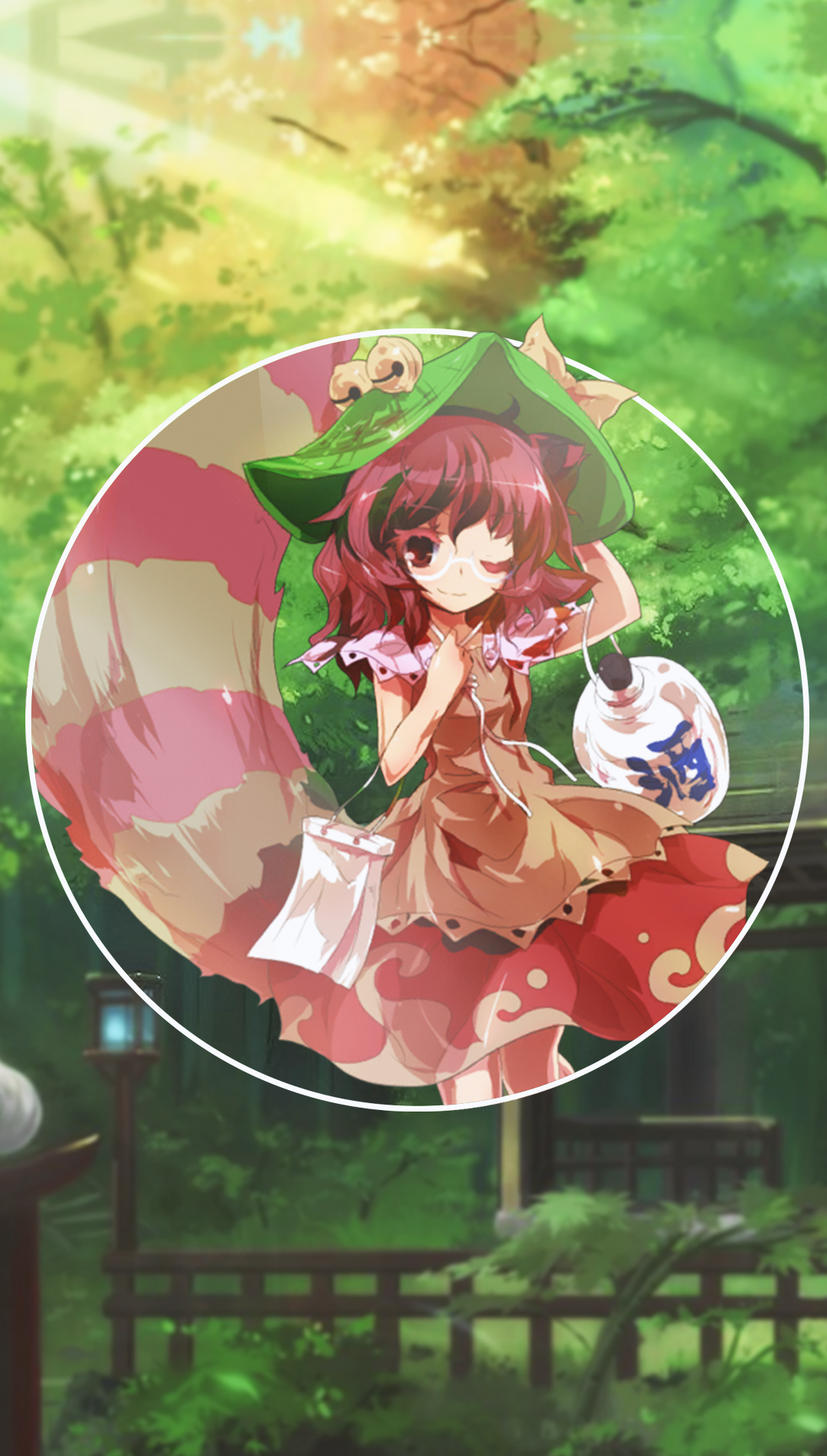 Anime girl with a large hat and tail in a forest HD Phone Wallpaper