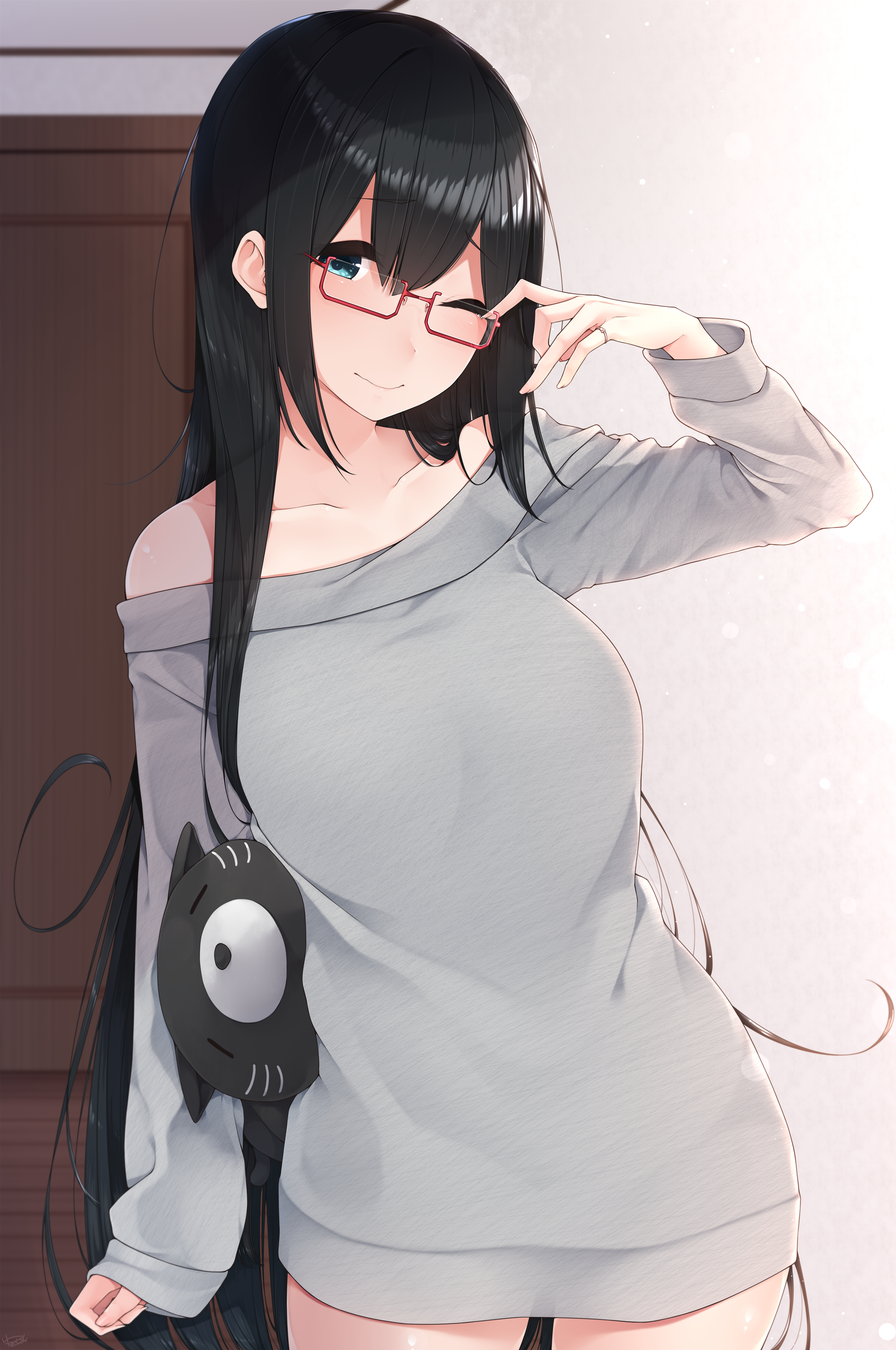 Girl with black hair and glasses winking HD Phone Wallpaper