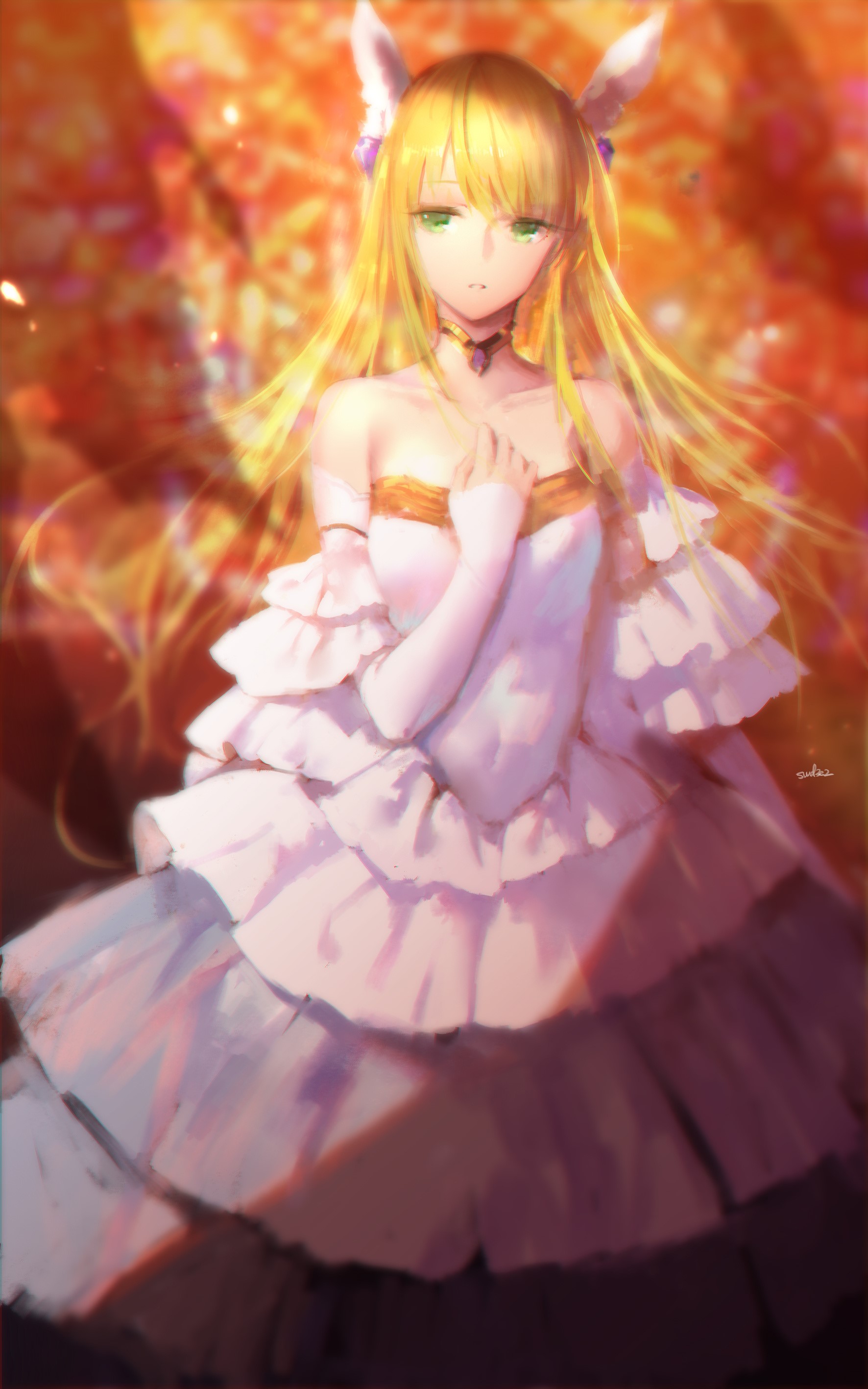 Anime girl with blonde hair and green eyes in a white dress HD Phone Wallpaper