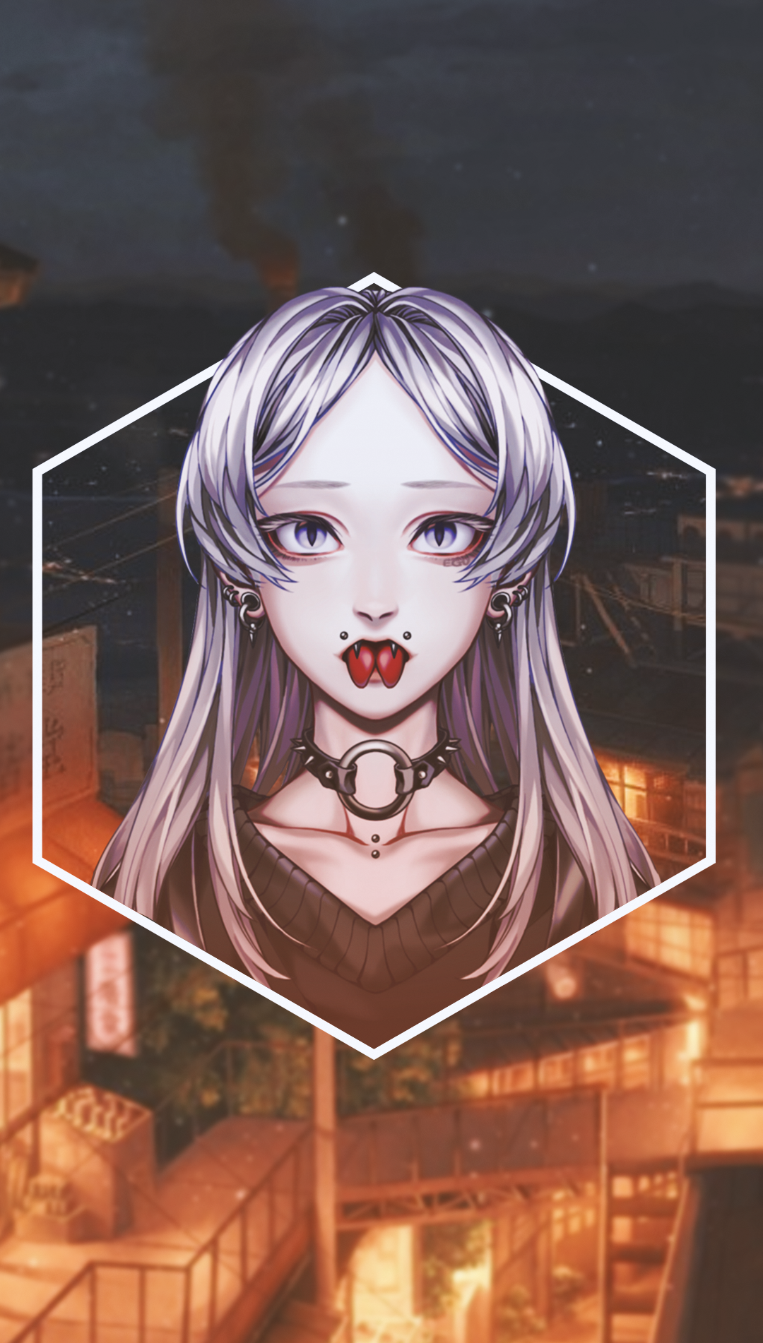 Anime girl with piercings and fangs in a city at night HD Phone Wallpaper