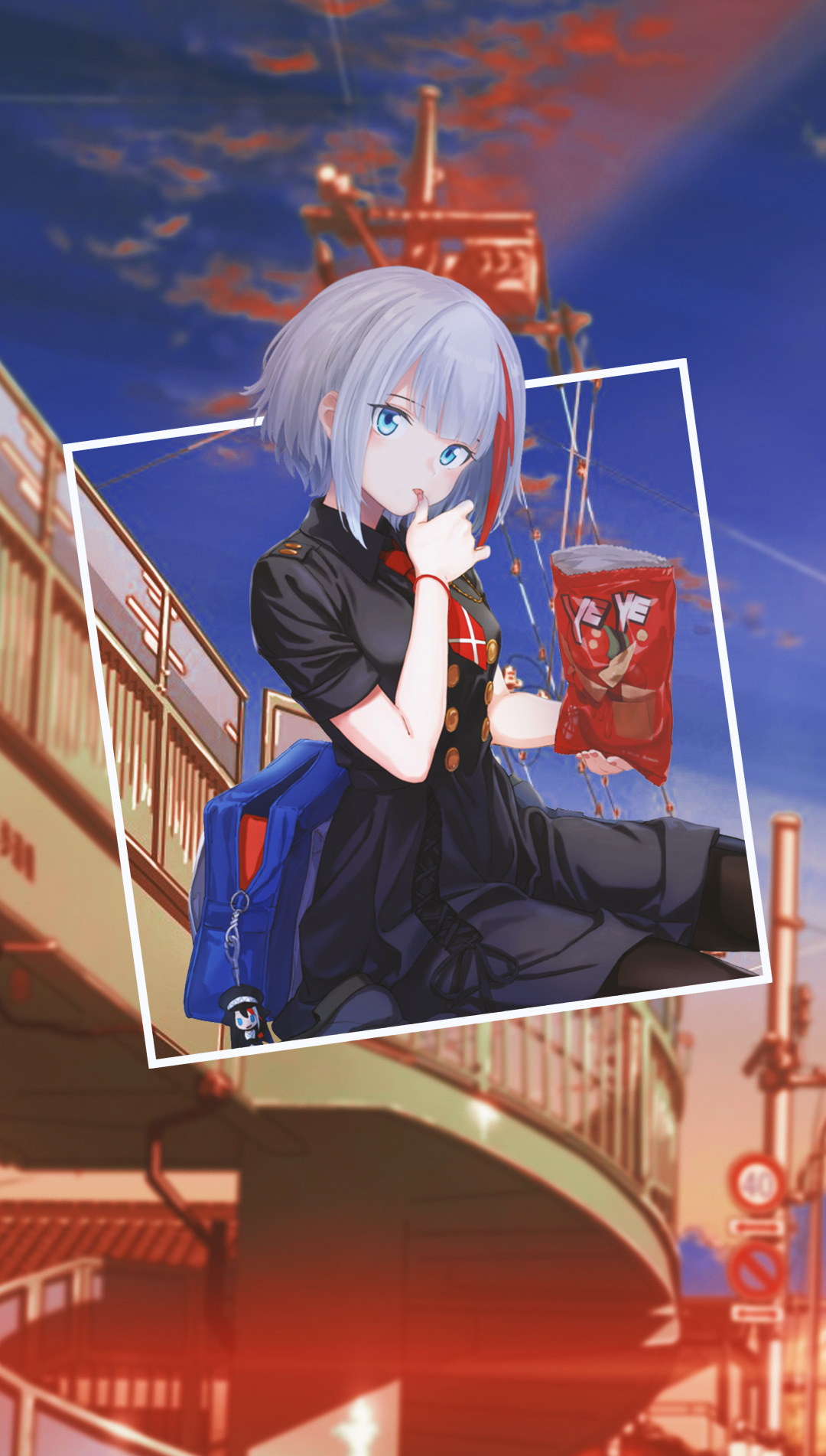 Anime girl with blue eyes and white hair eating chips HD Phone Wallpaper
