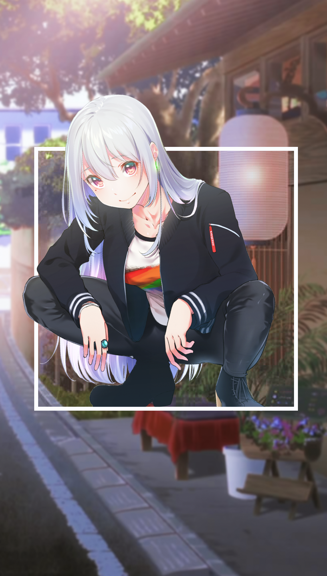 Anime girl with white hair crouching HD Phone Wallpaper