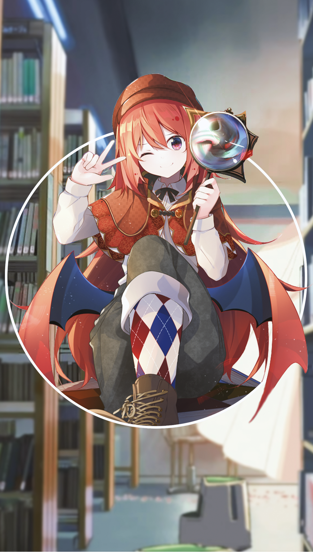 Anime girl with magnifying glass in library HD Phone Wallpaper