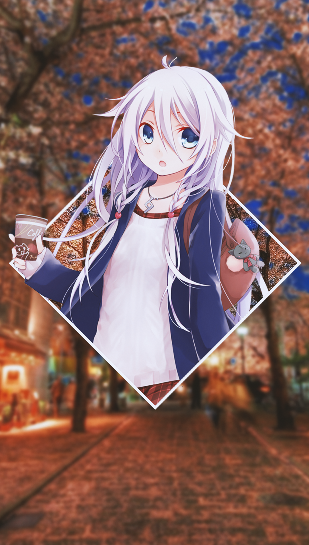 Anime girl with white hair holding coffee cup HD Phone Wallpaper
