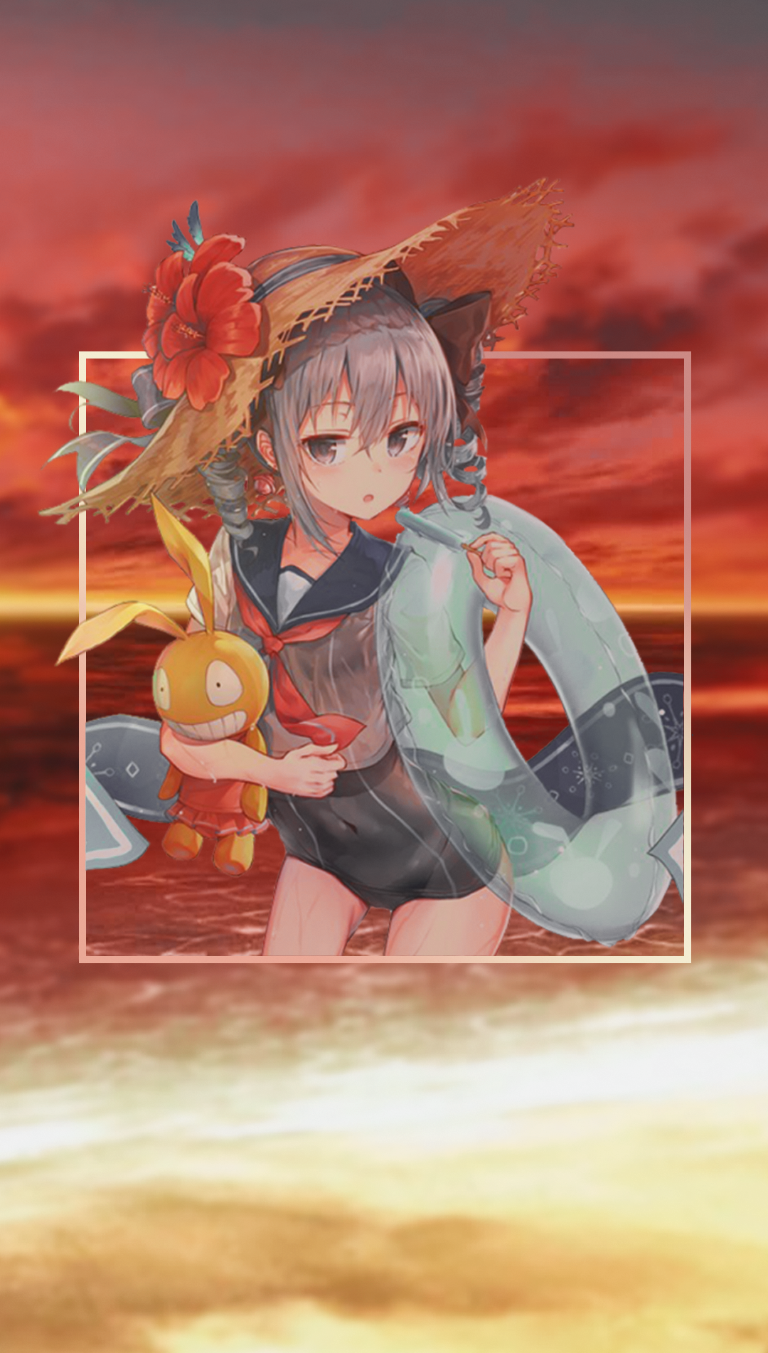 Anime girl with straw hat and stuffed toy at sunset HD Phone Wallpaper