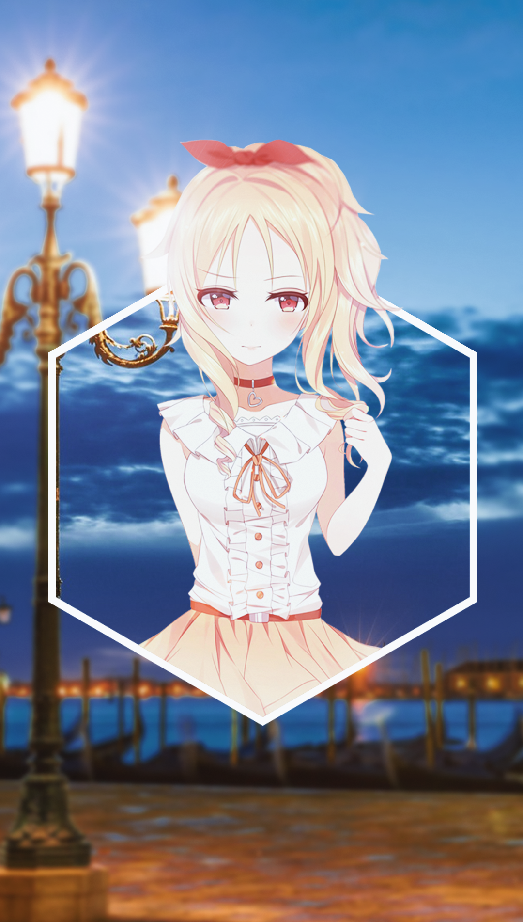 Anime girl with red bow in hair in Venice HD Phone Wallpaper