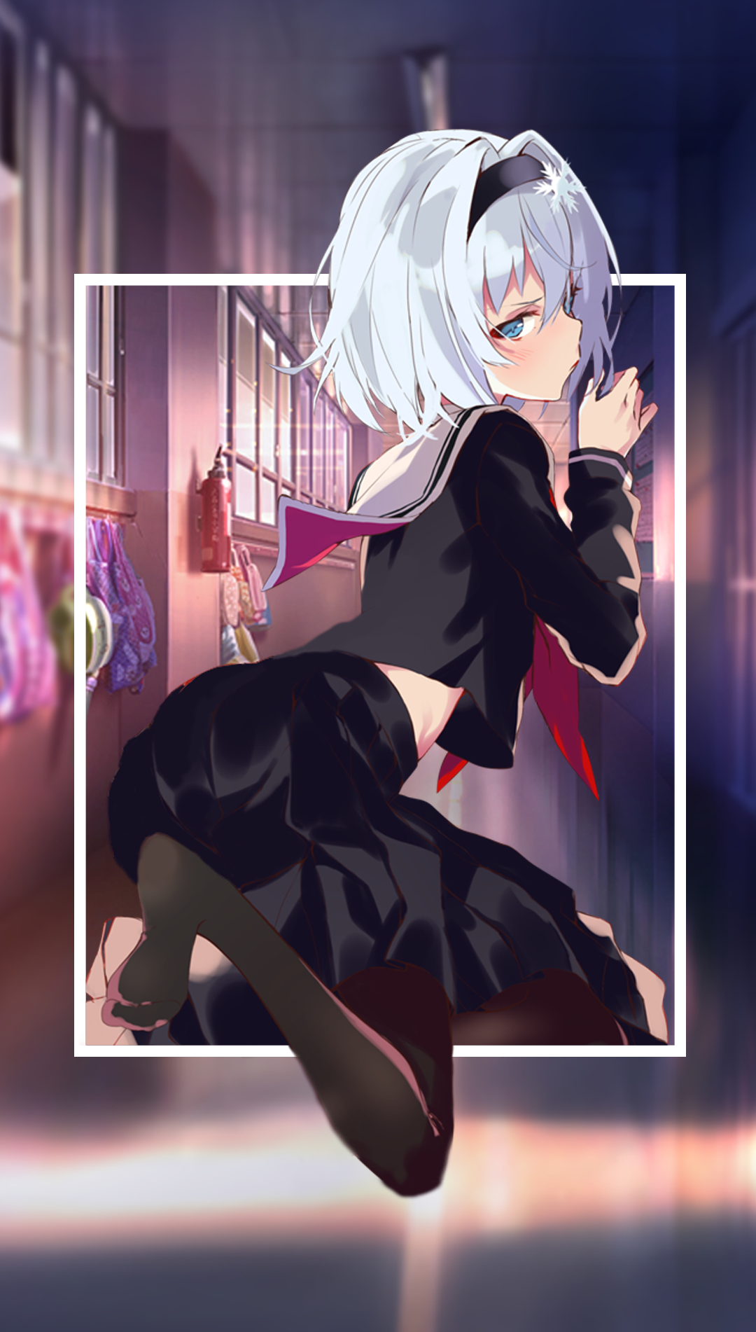 Anime girl in school uniform in hallway HD Phone Wallpaper