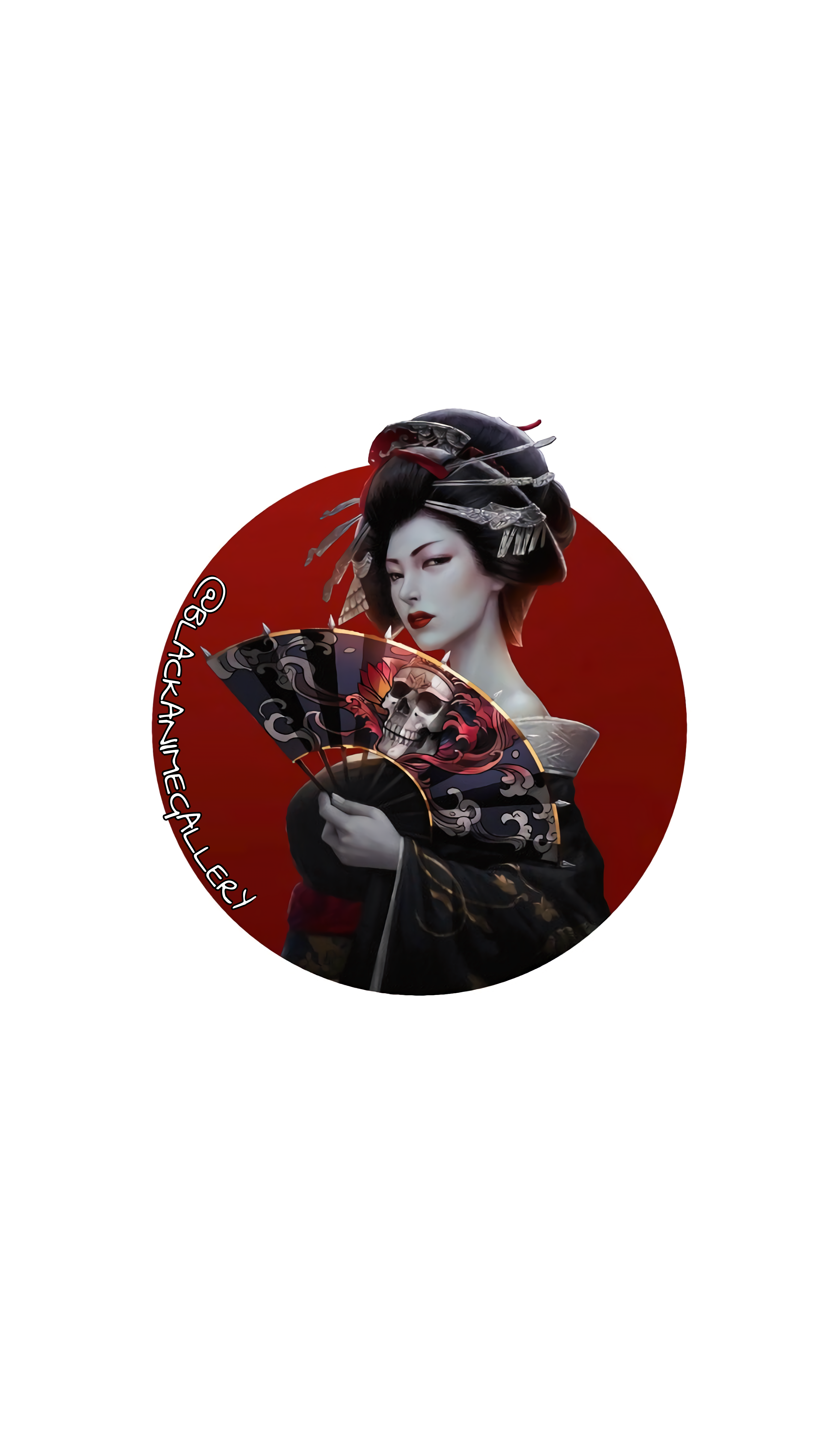 Geisha with skull fan on red background HD Phone Wallpaper