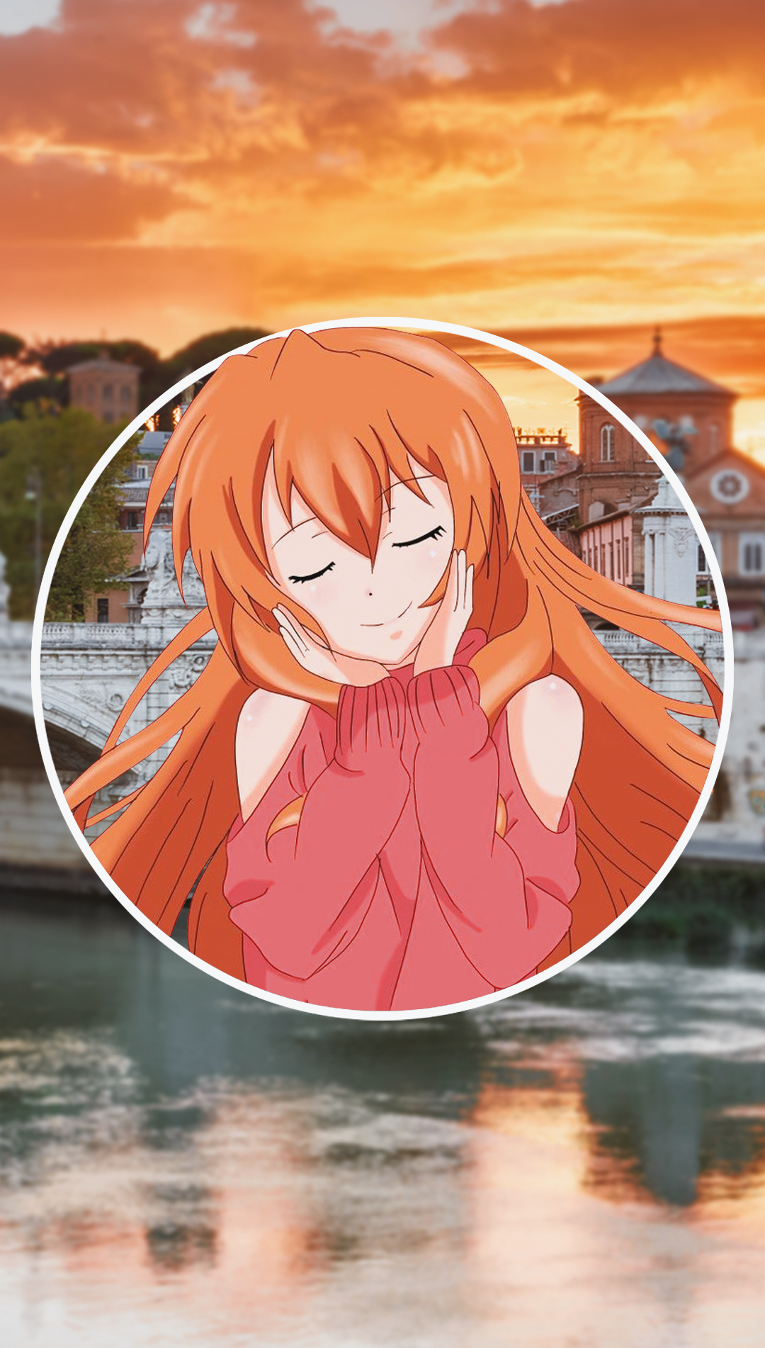 Anime girl with orange hair in a pink sweater HD Phone Wallpaper