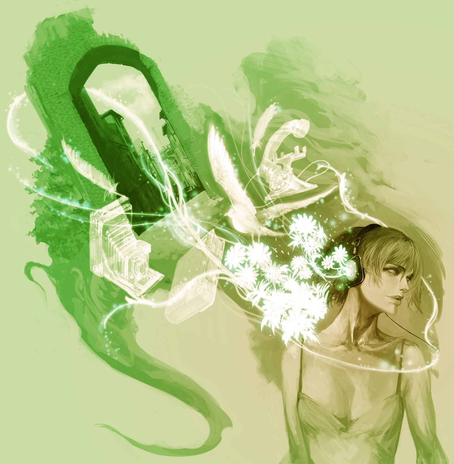 Fantasy girl listening to music with piano and birds HD Phone Wallpaper