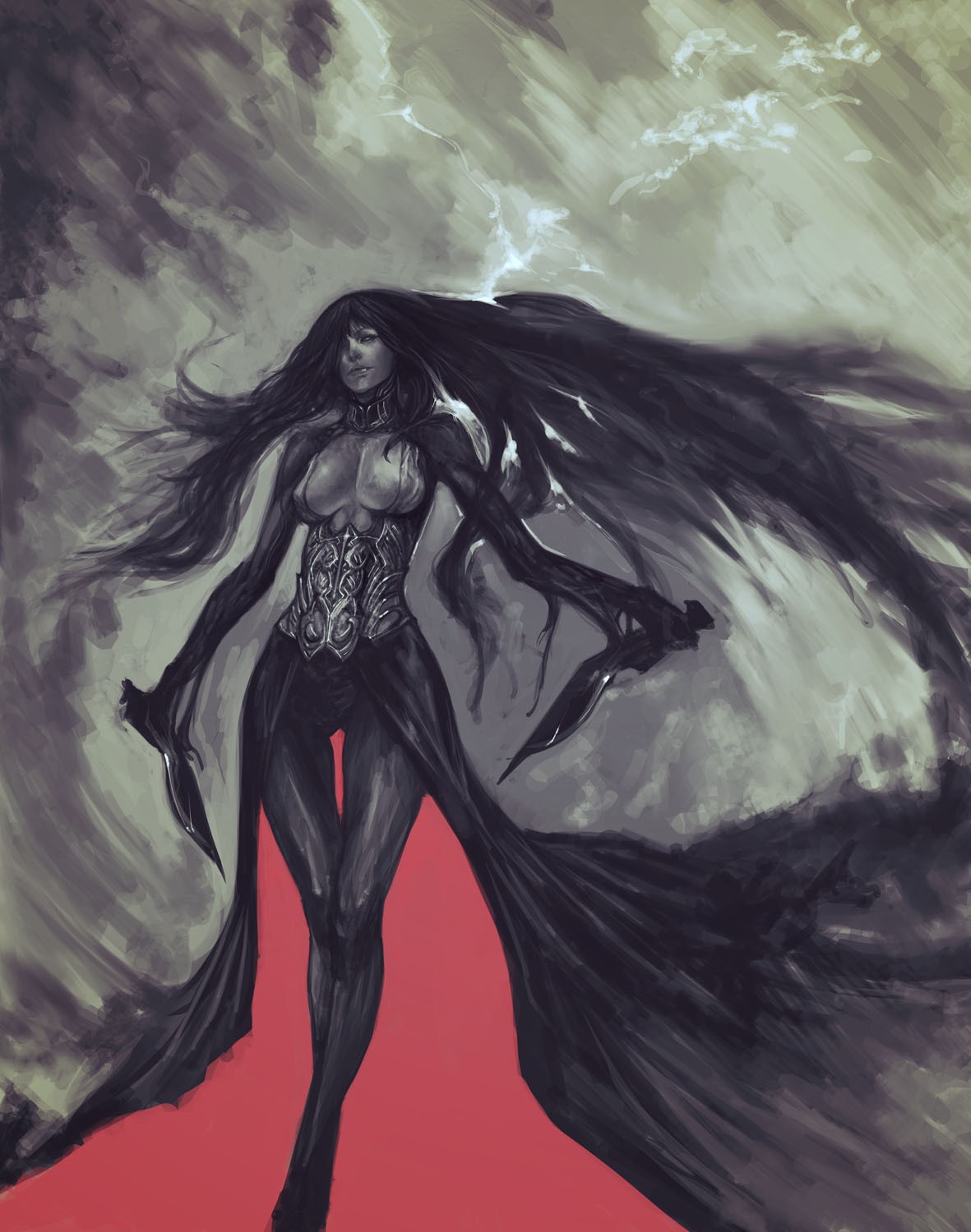 Fantasy woman with long dark hair and knives HD Phone Wallpaper
