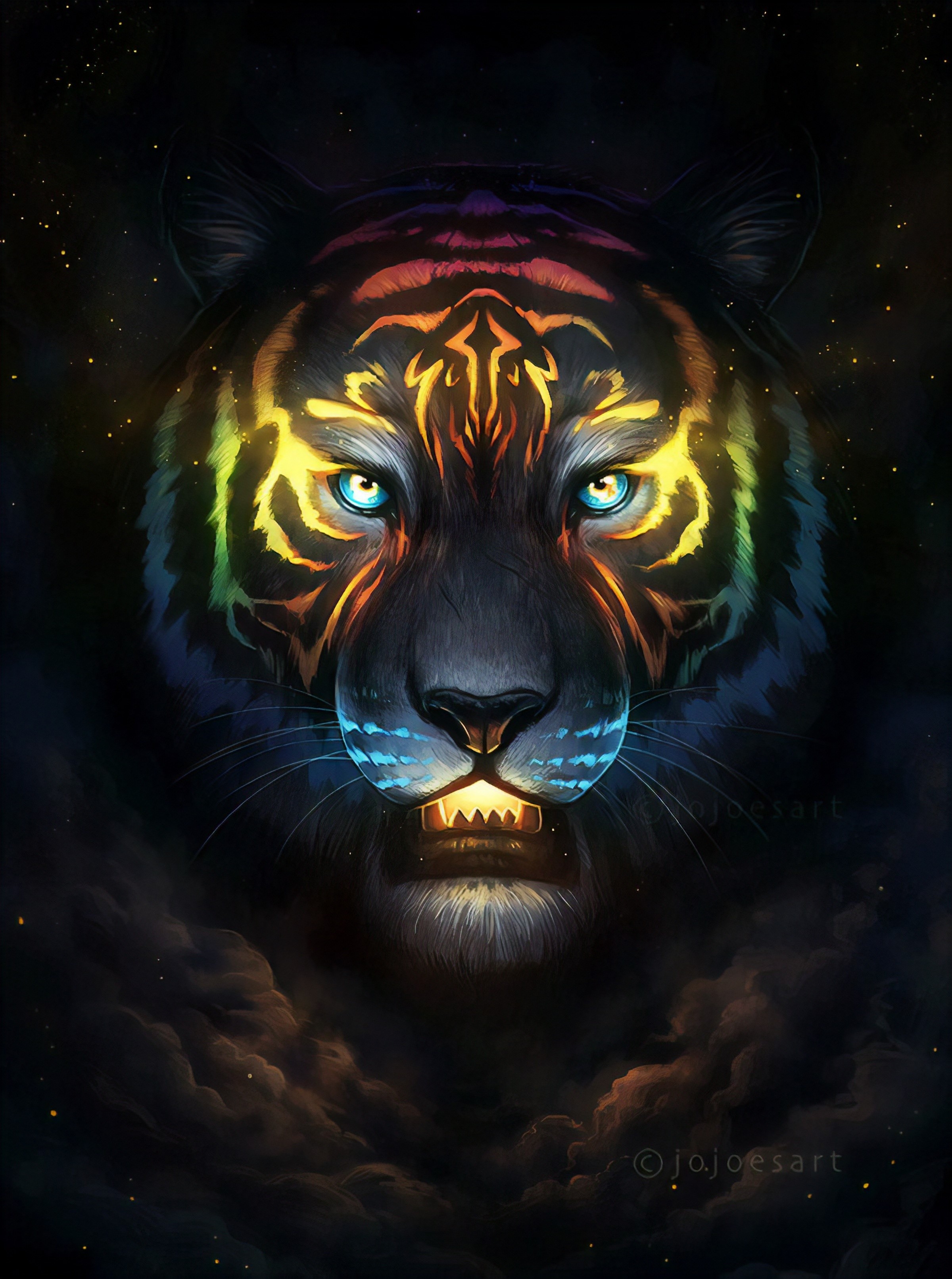 Artwork of a rainbow tiger emerging from clouds HD Phone Wallpaper