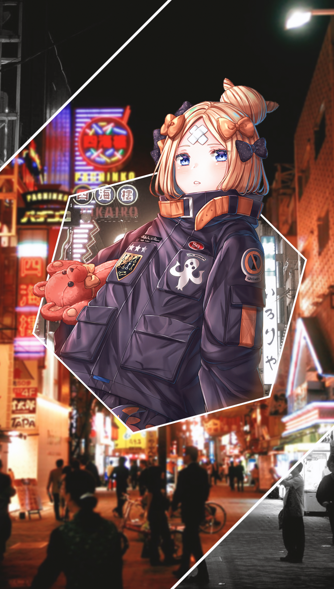 Anime girl with teddy bear in Tokyo street HD Phone Wallpaper