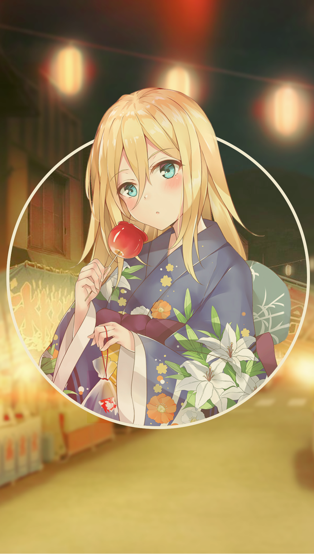Anime girl in kimono holding candied apple HD Phone Wallpaper