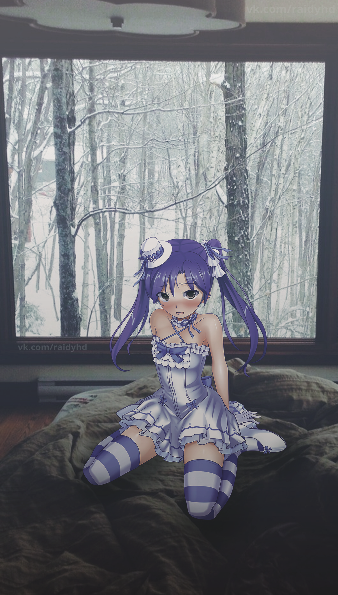 Anime girl with purple pigtails in a blue dress HD Phone Wallpaper