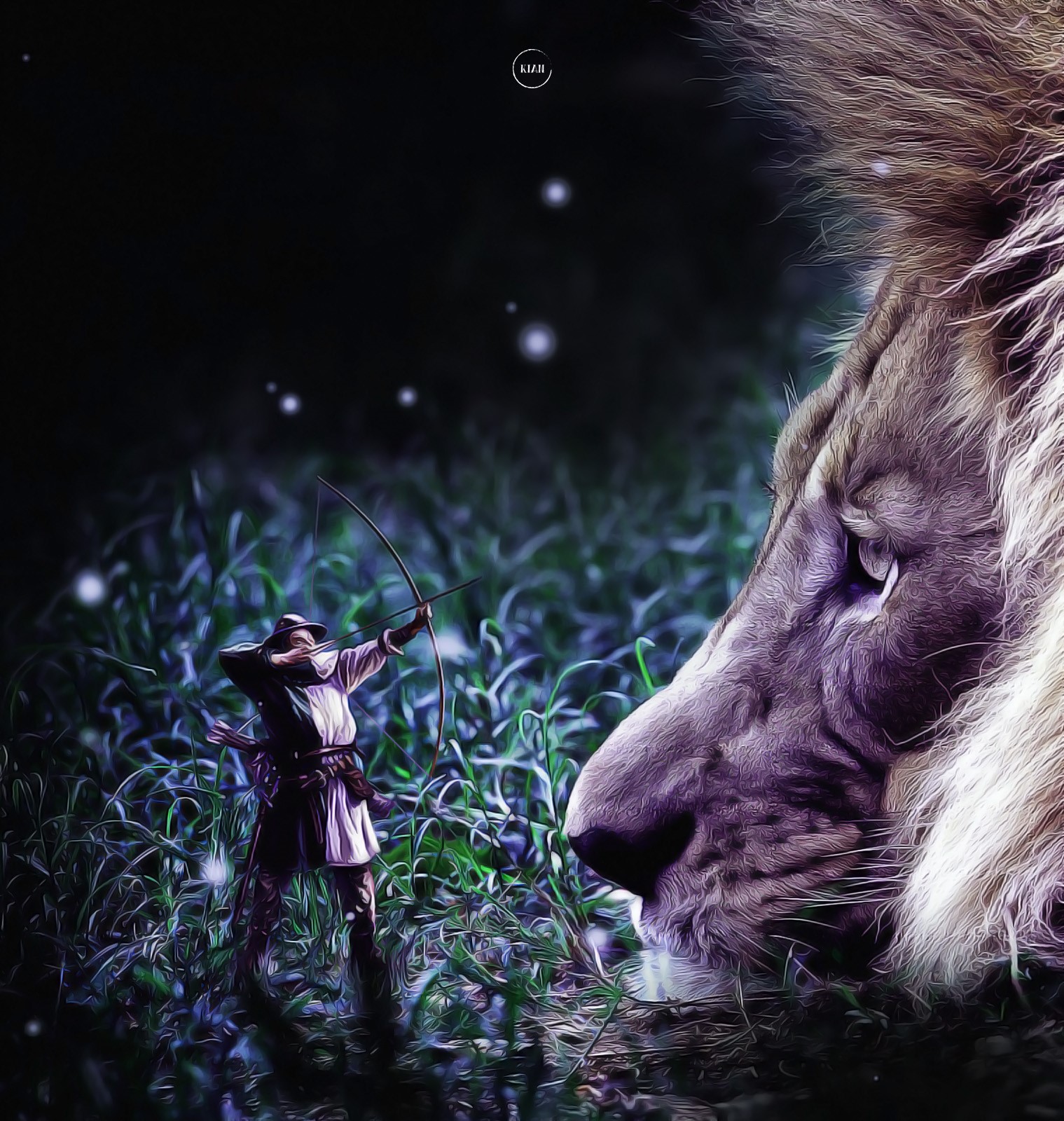 Archer aims bow at giant lion in dark jungle HD Phone Wallpaper