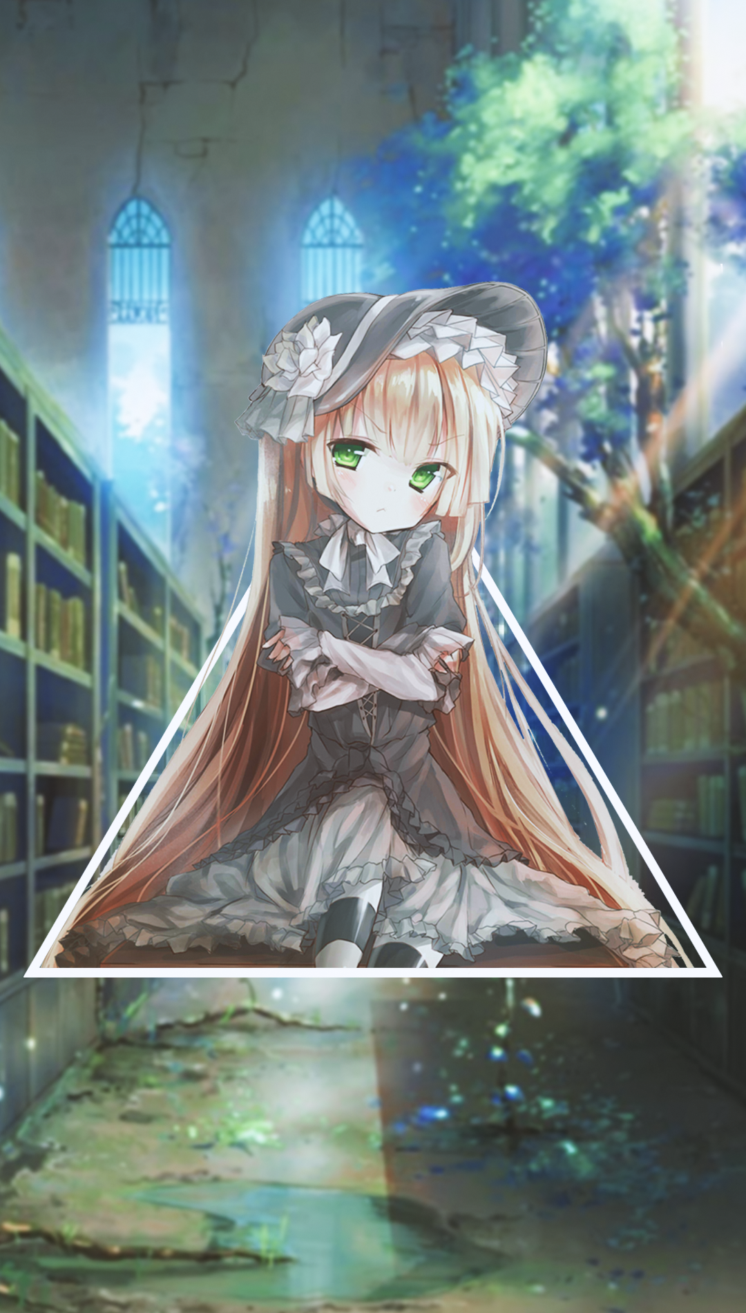 Anime girl with long blonde hair in a library HD Phone Wallpaper