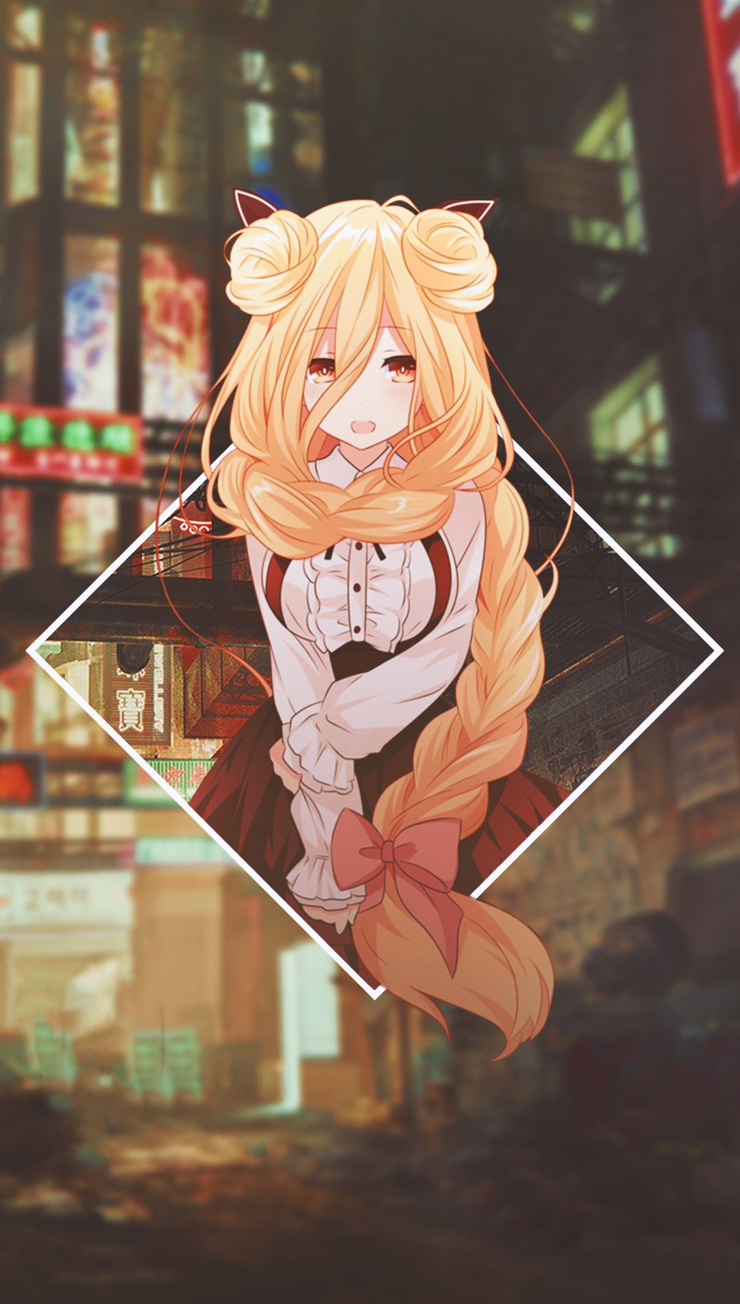 Anime girl with blonde hair and red bow in city at night HD Phone Wallpaper