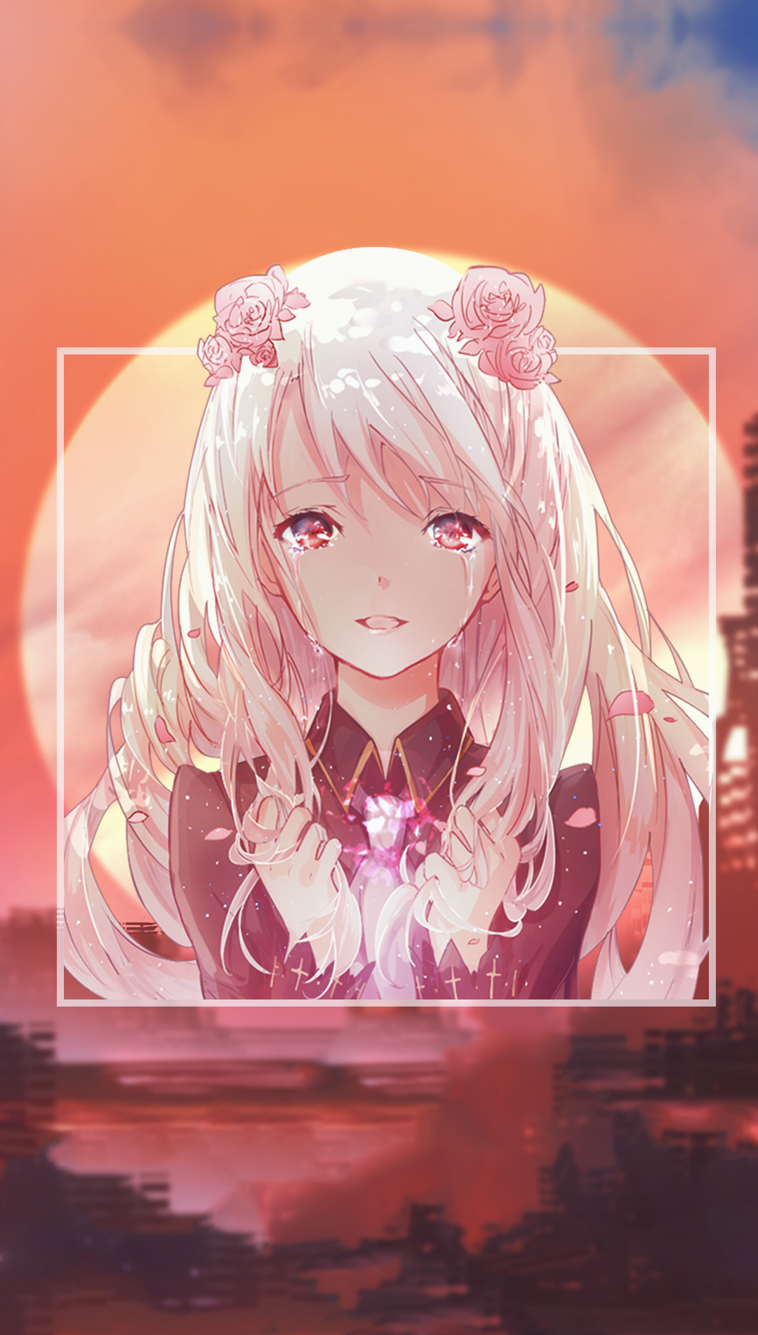 Anime girl with white hair and pink roses crying HD Phone Wallpaper