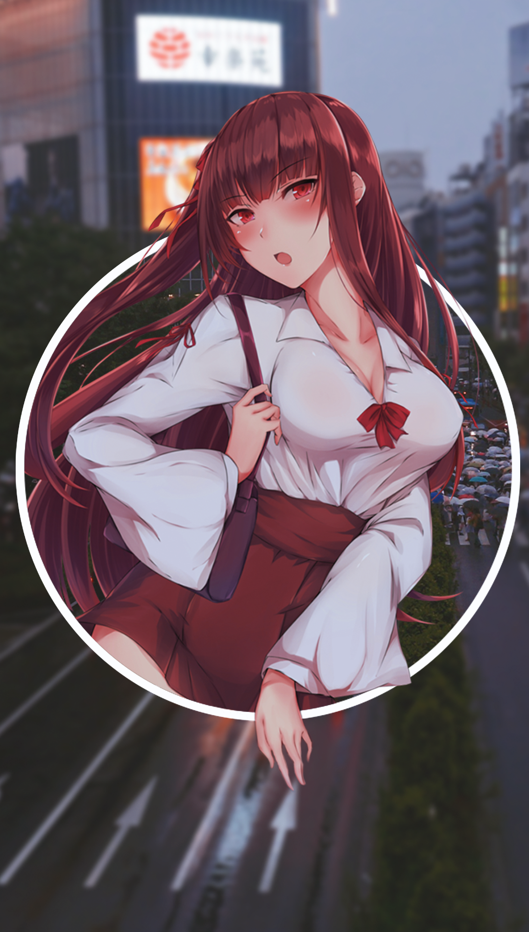 Anime girl in white shirt and red shorts in city HD Phone Wallpaper