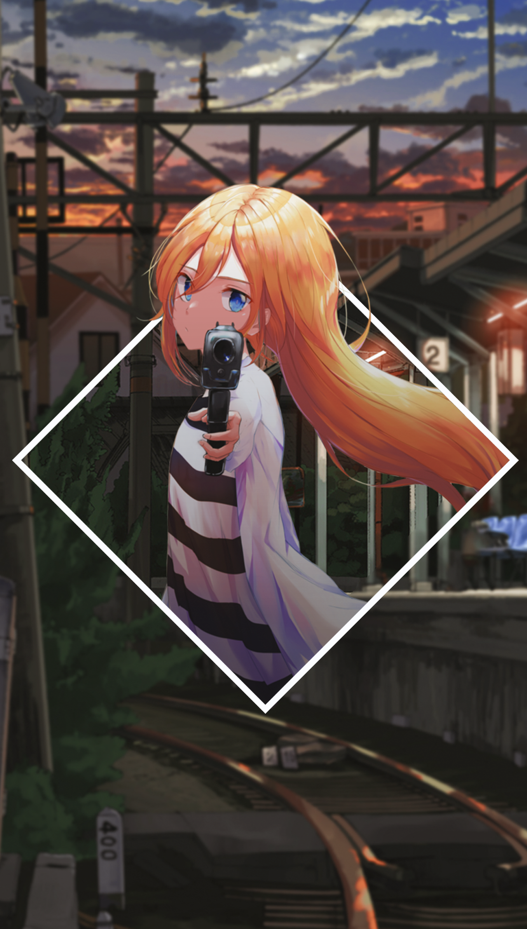 Anime girl with a gun at a train station HD Phone Wallpaper