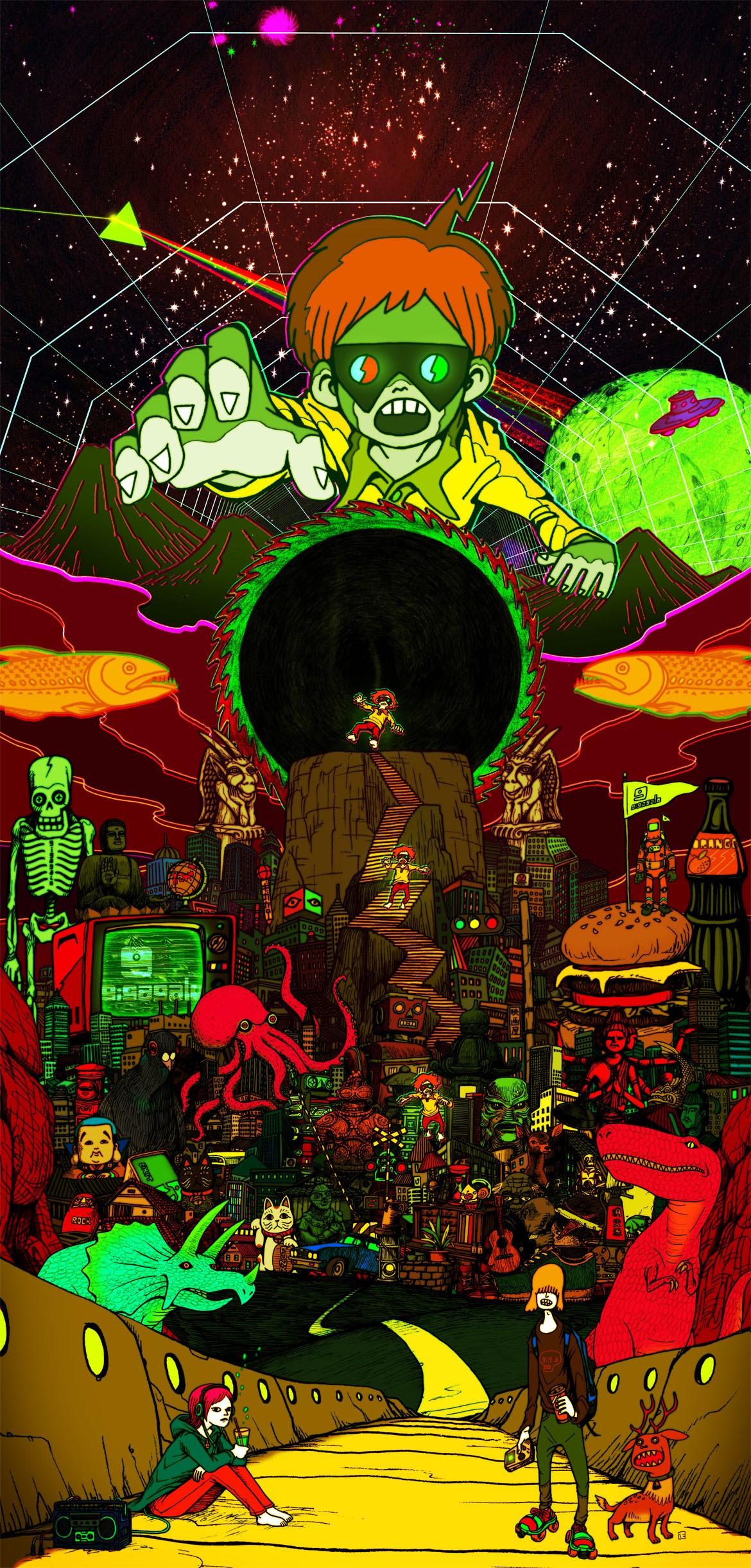 Surreal cosmic cityscape with cartoon characters and creatures HD Phone Wallpaper