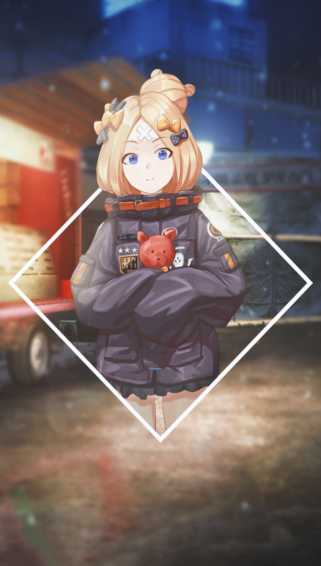 Anime girl with teddy bear in winter jacket HD Phone Wallpaper