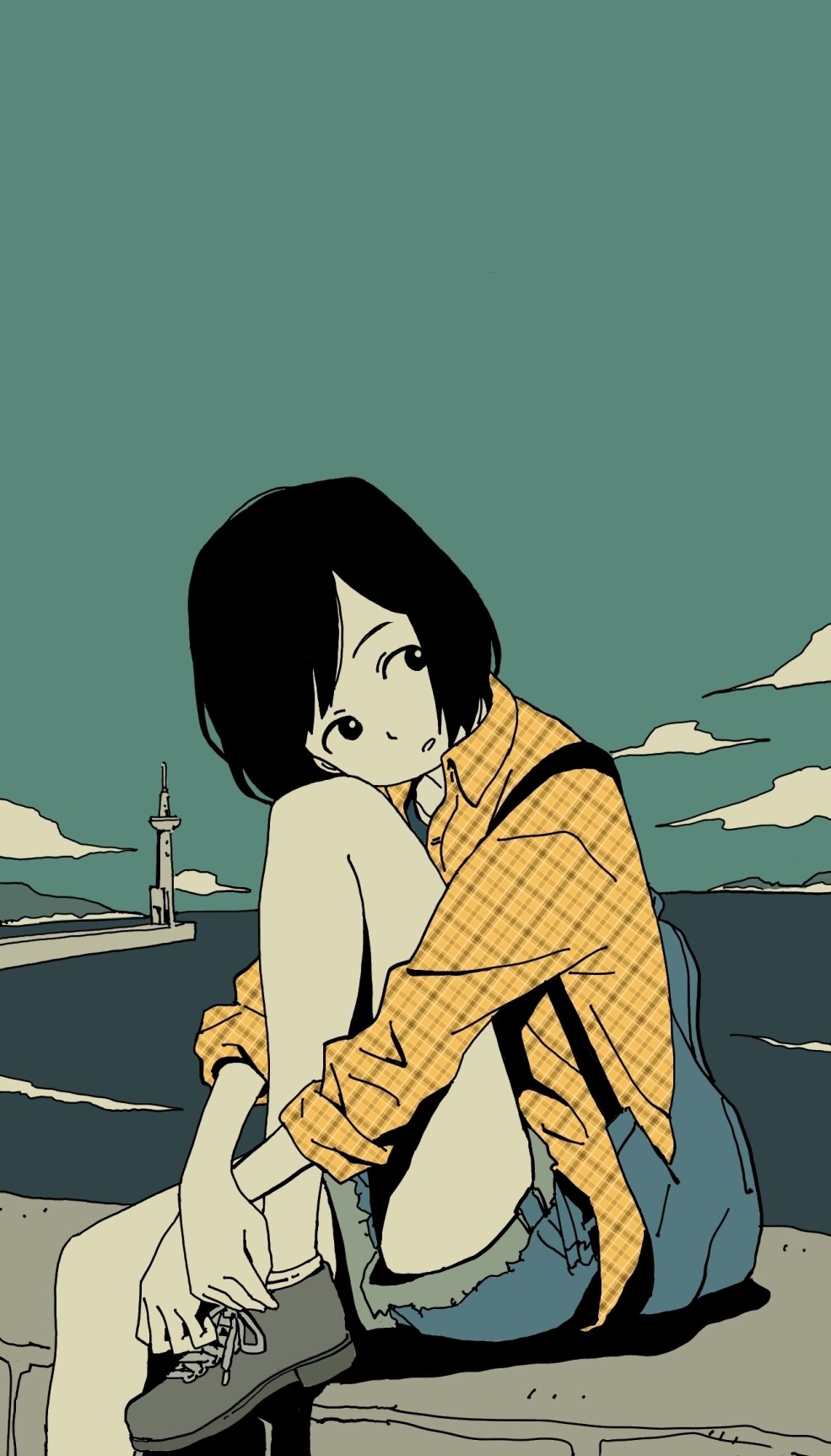 Girl sitting by the coast with a lighthouse HD Phone Wallpaper