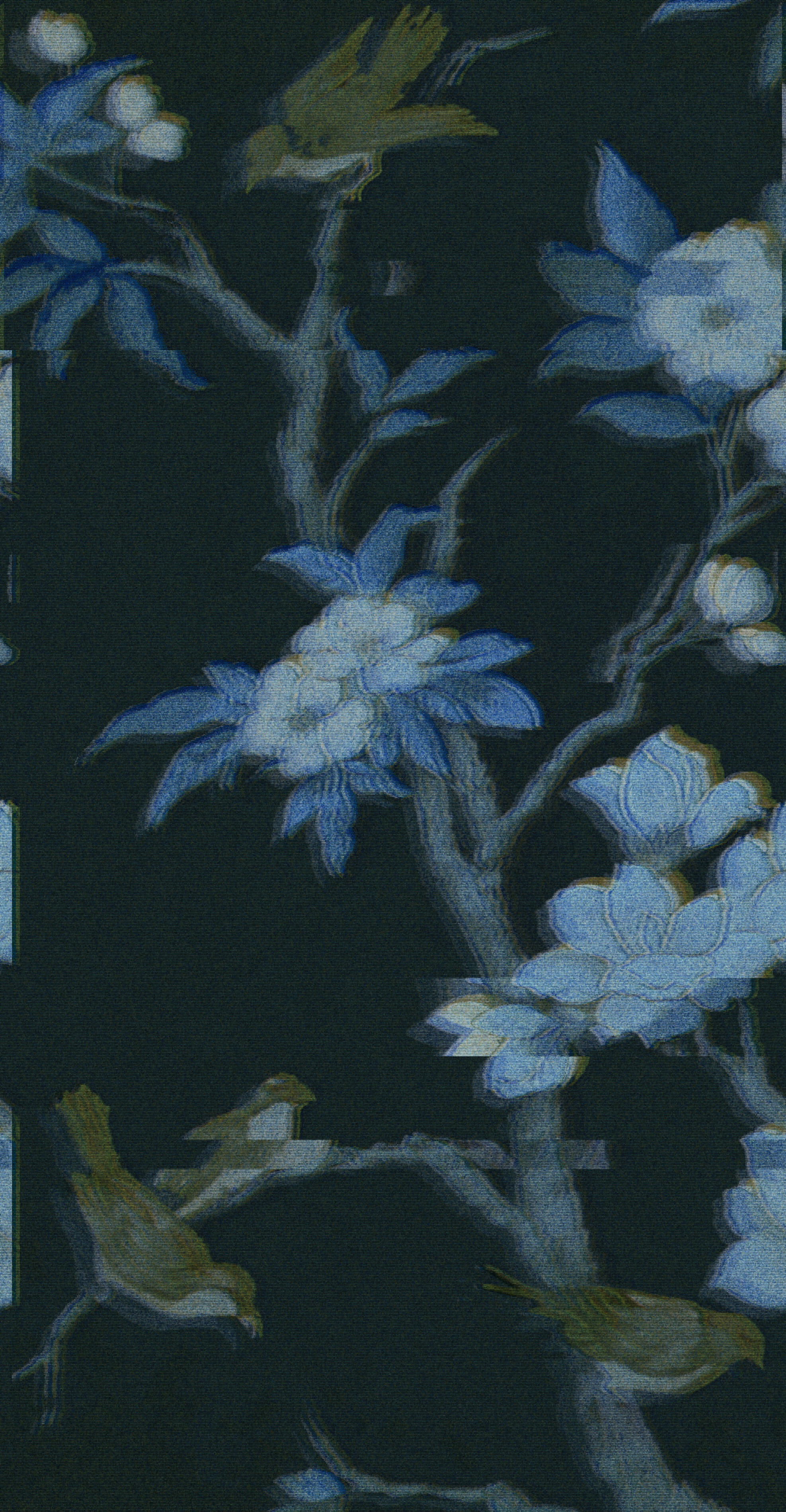 Glitch art of birds and flowers on a dark background HD Phone Wallpaper