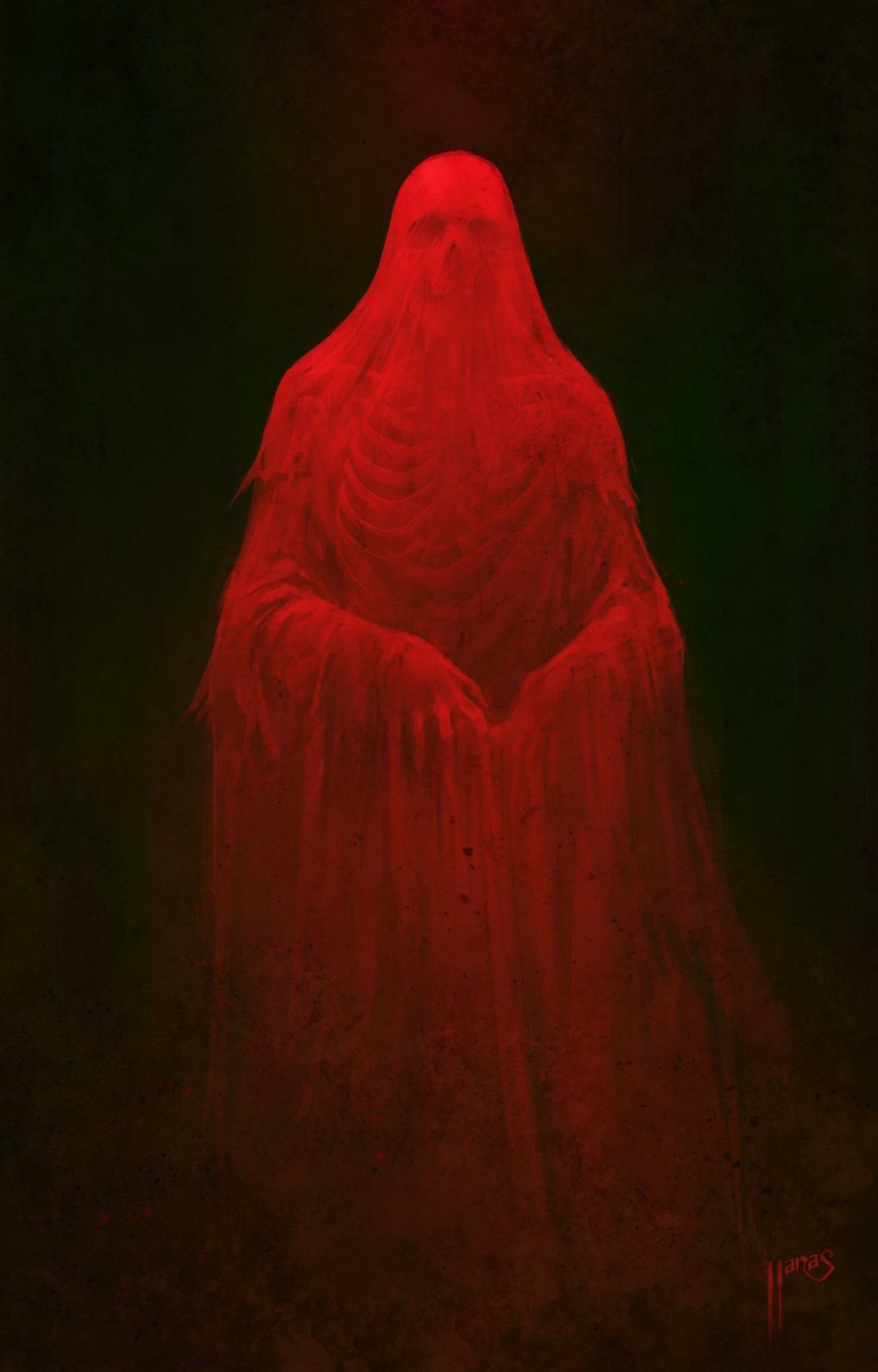 Dark fantasy artwork of a red spectral figure with a skull face HD Phone Wallpaper