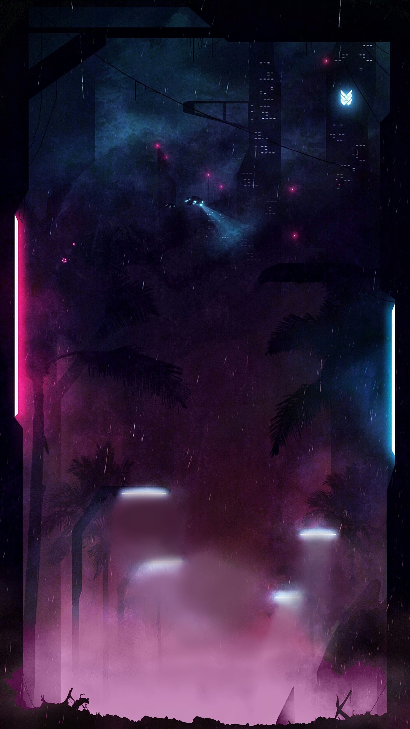 Vaporwave city street with palm trees and rain HD Phone Wallpaper
