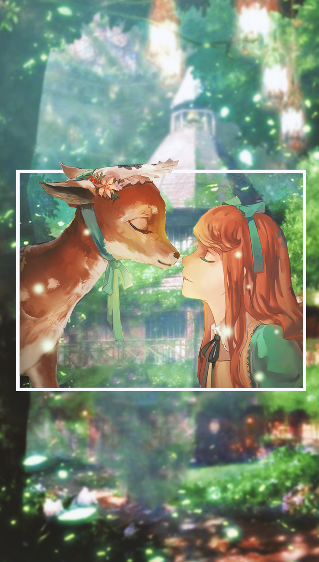 Anime girl and fawn in a forest HD Phone Wallpaper