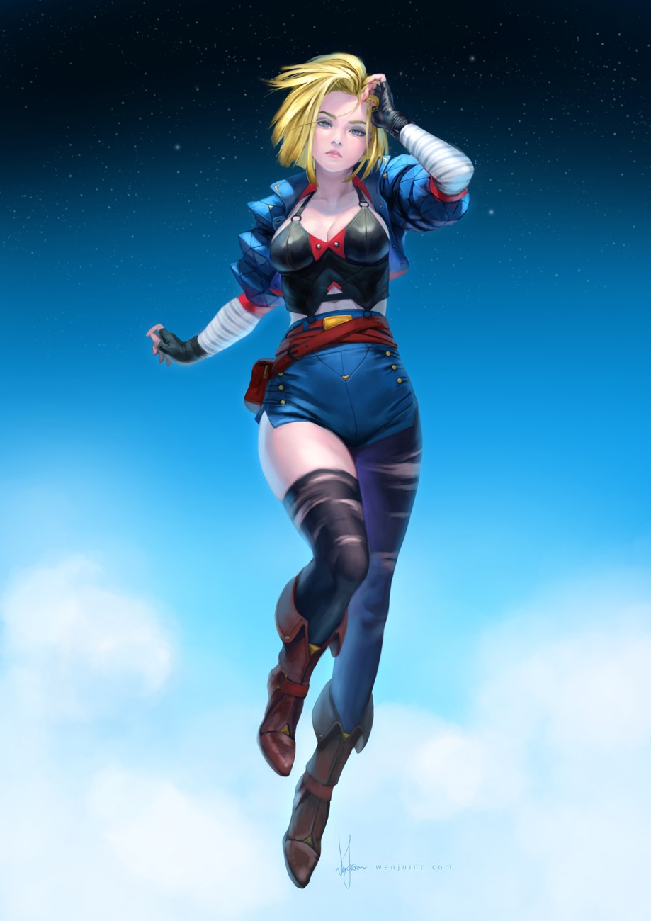 Android 18 from Dragon Ball Z flying in the sky HD Phone Wallpaper