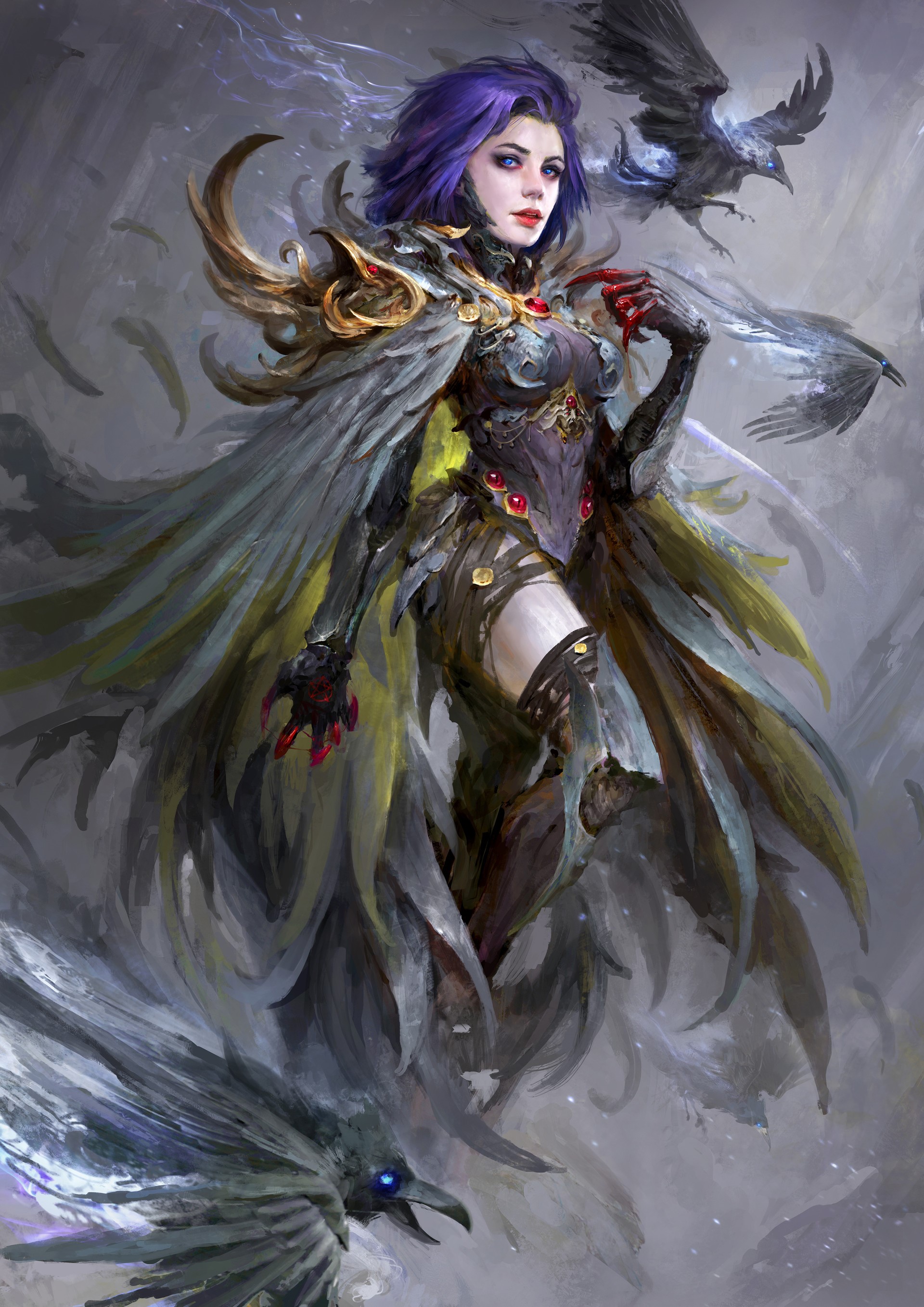 Fantasy woman with purple hair and crows HD Phone Wallpaper