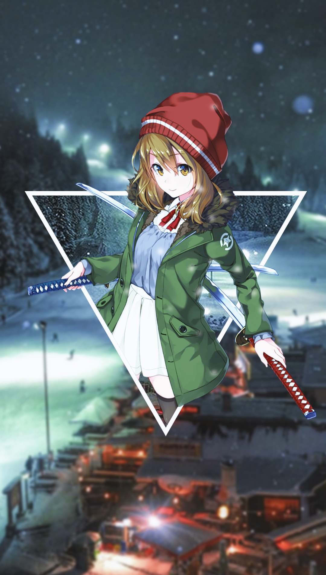Anime girl with swords in winter landscape HD Phone Wallpaper