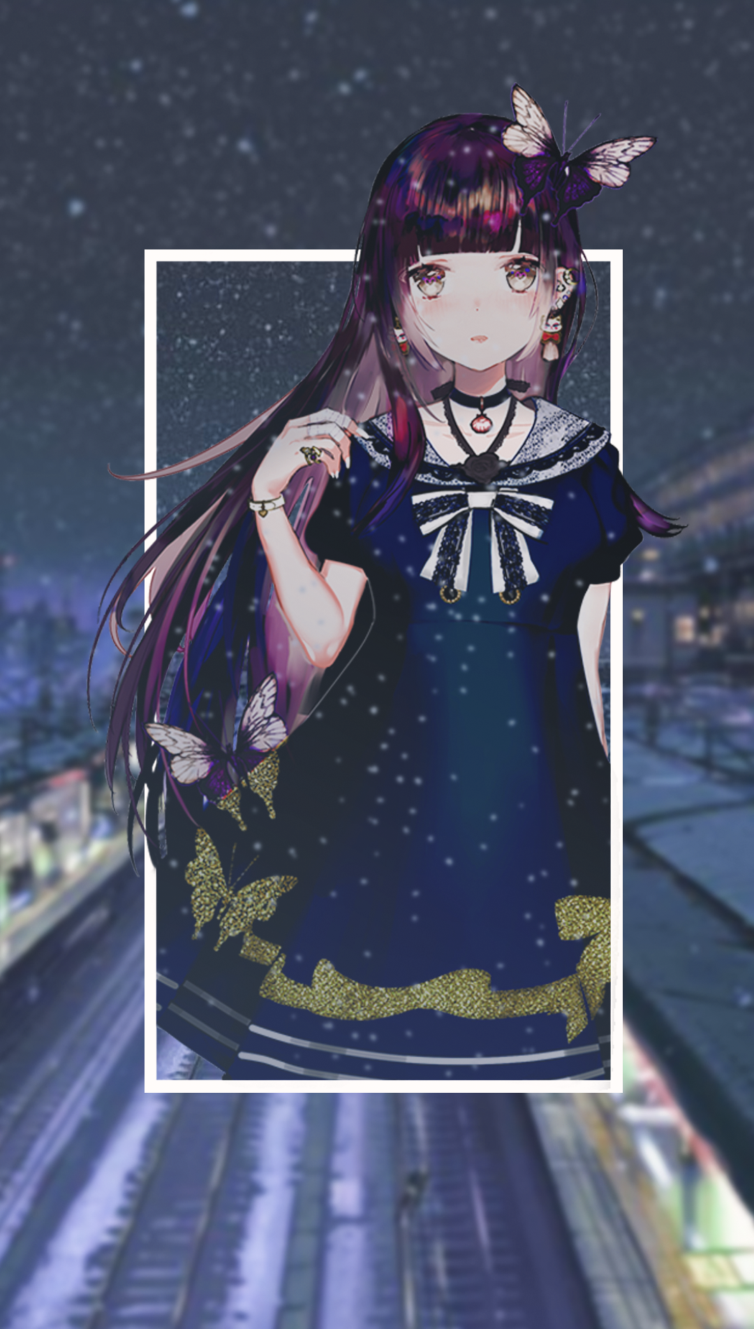 Anime girl with butterflies and train tracks background HD Phone Wallpaper